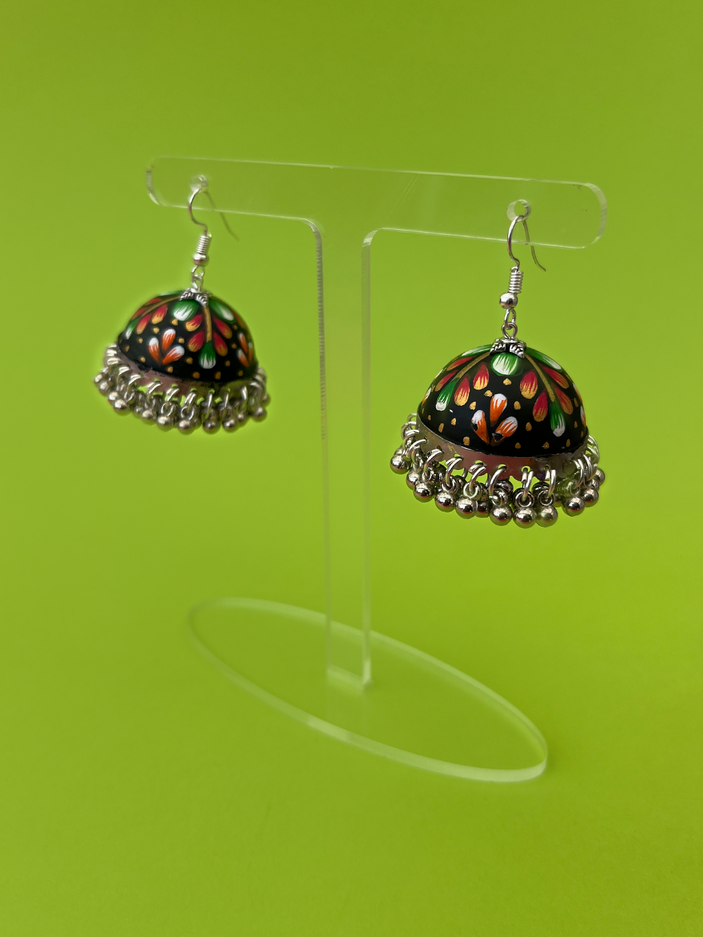 Black and Multi-Coloured Hand-Painted Silver-Plated Jhoomka with Hook