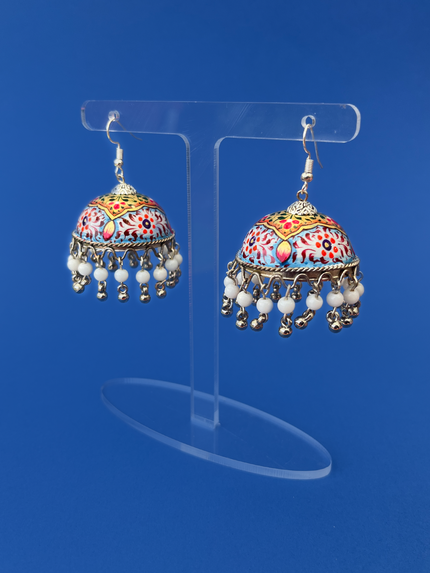 Gold and Light Blue Hand-Painted Silver-Plated Jhoomka with Hook and White Beads