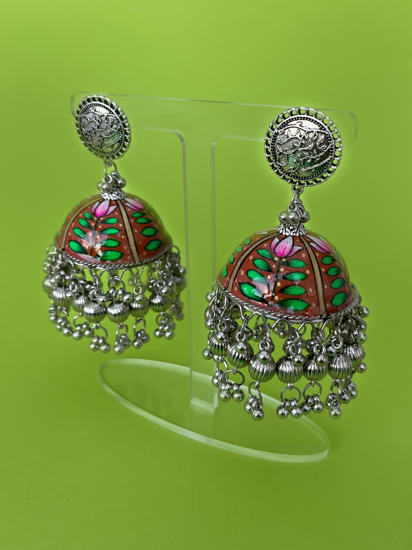 Brick Red and Green Hand-Painted Jhoomka with Silver Beads