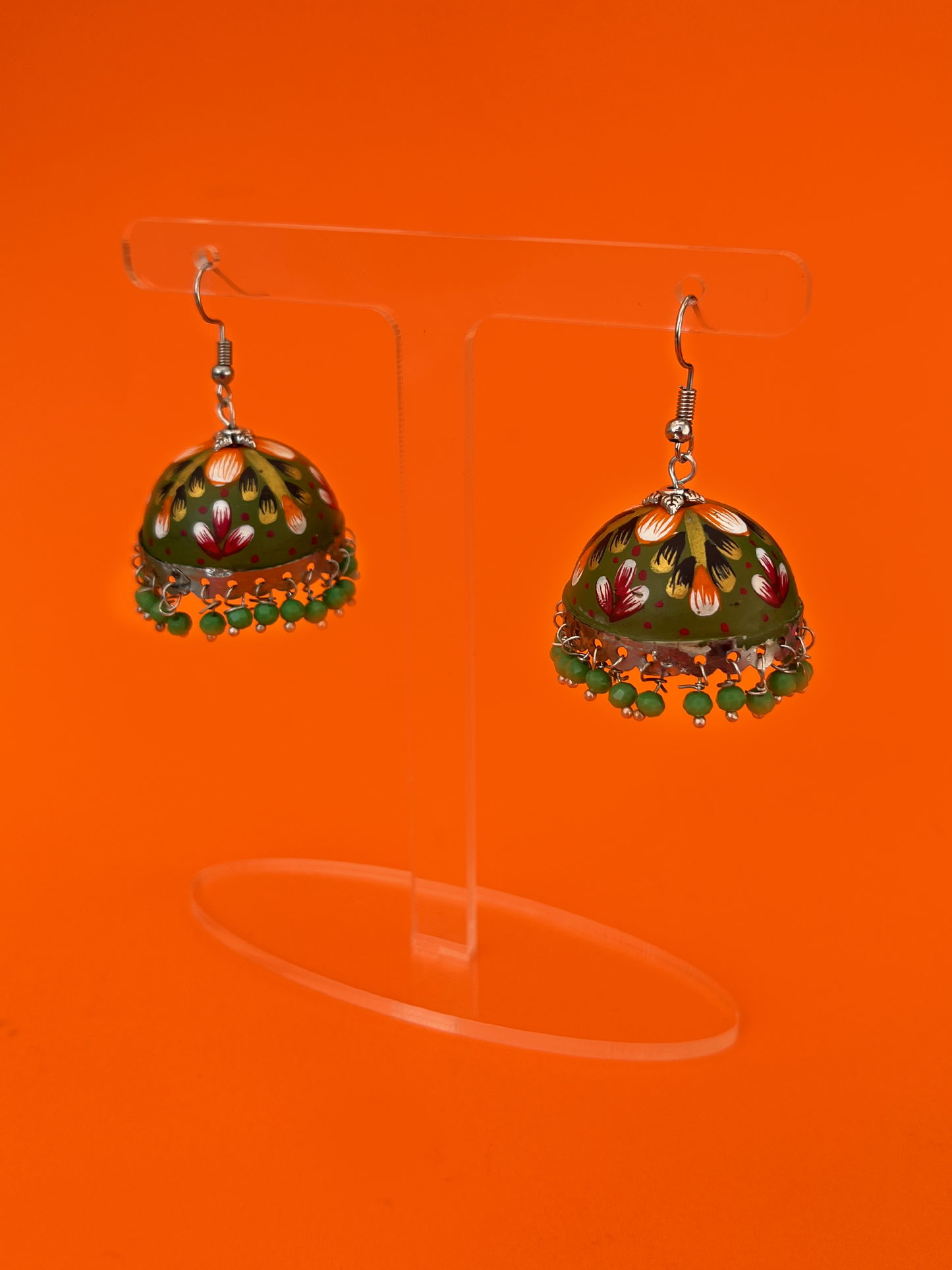 Olive Green Hand-Painted Meenakari Jhoomka