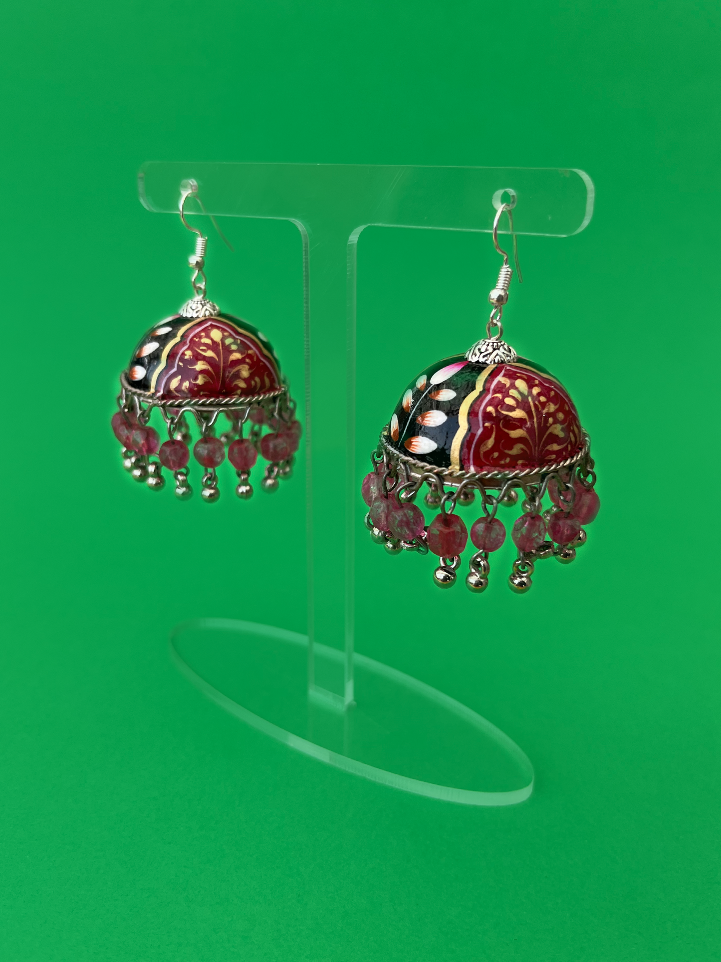 Burgundy Hand-Painted Silver-Plated Jhoomka with Hook and Pink Beads