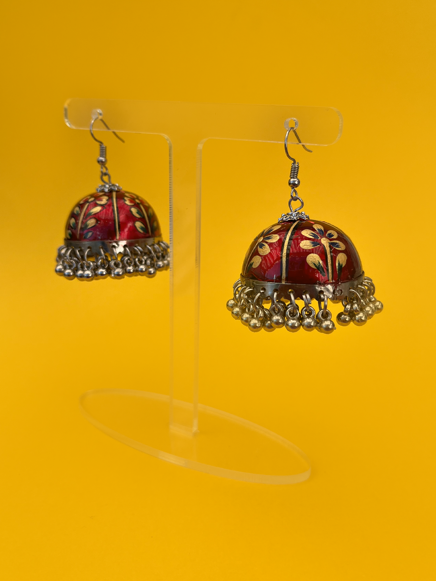 Maroon and Gold Hand-Painted Silver-Plated Jhoomka