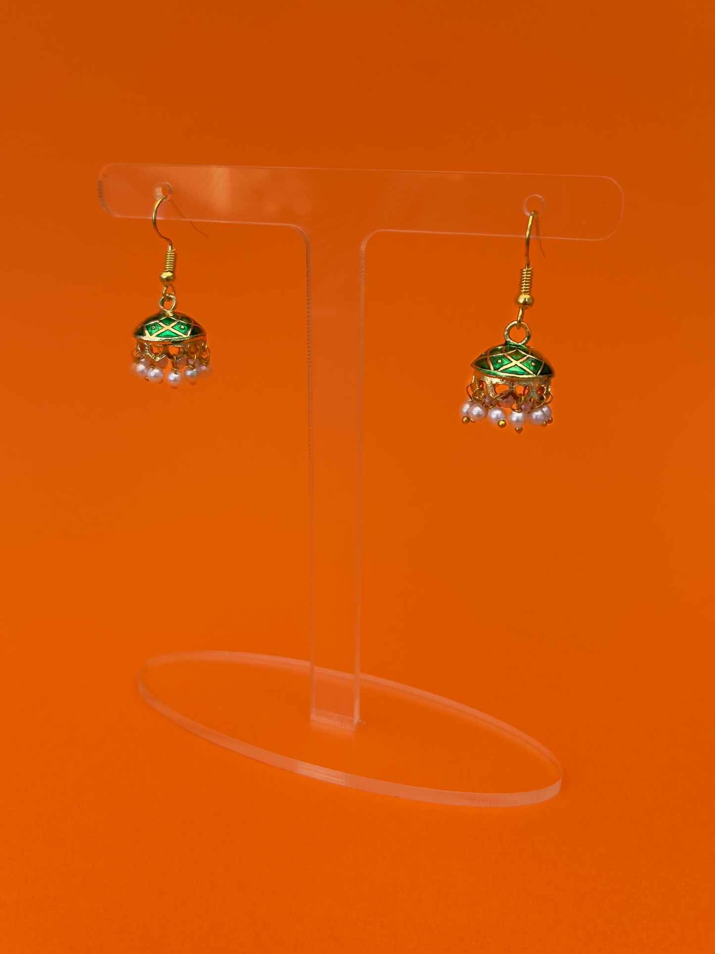 Mini Green-Painted Gold-Plated Jhoomka with White Beads and Hook