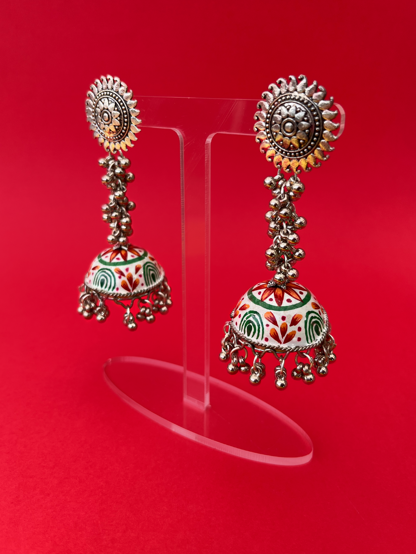 White and Green Hand-Painted Silver-Plated Meenakari Jhoomka with Flat Post