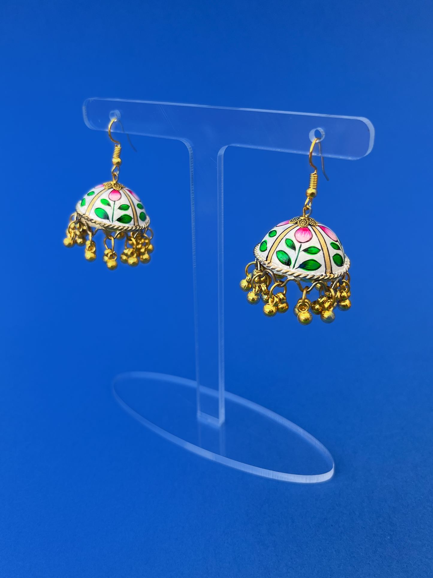 White and Green Hand-Painted Gold-Plated Jhoomka with Hook