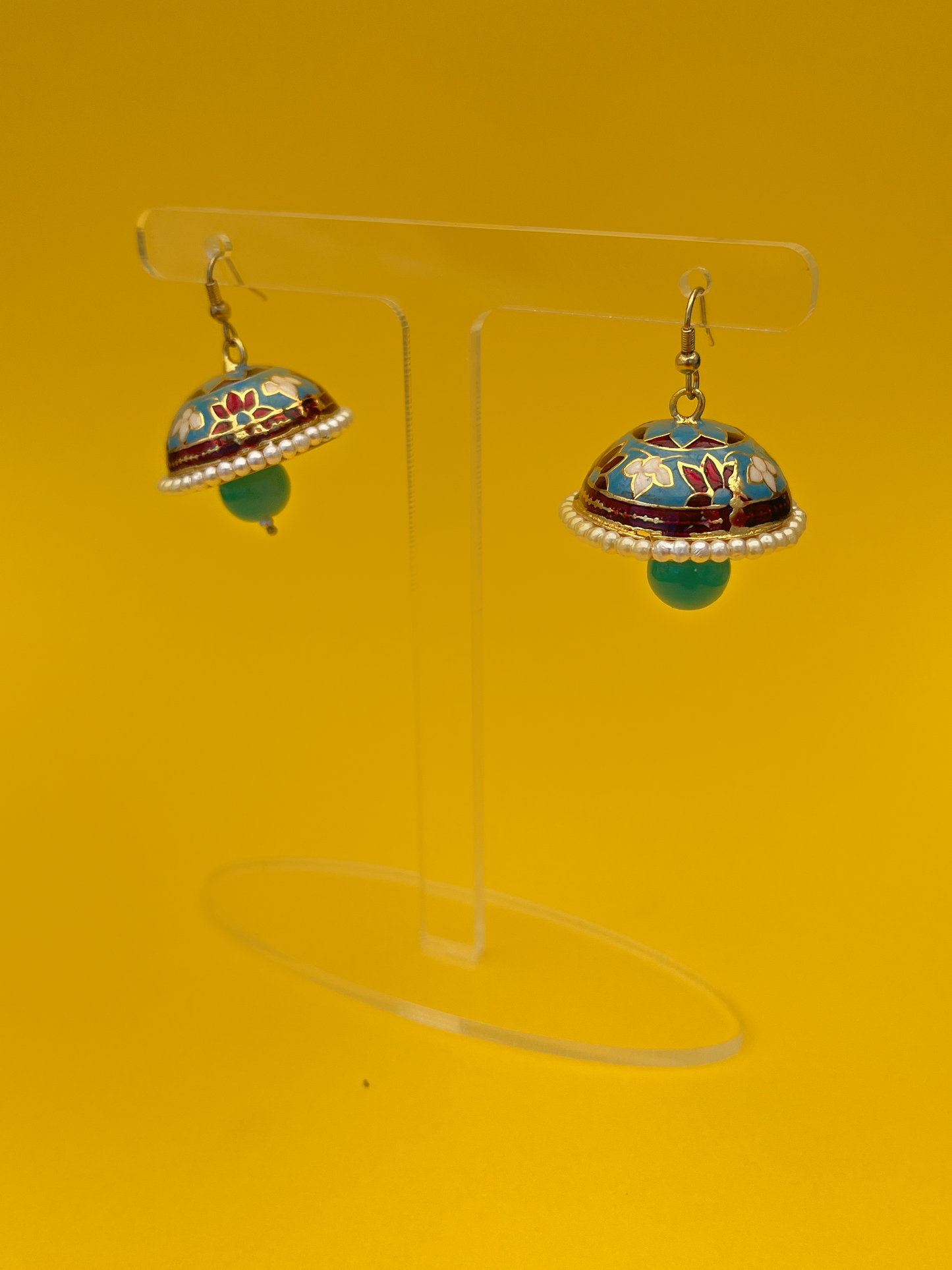 Blue and Red Meenakari Jhoomka with Blue Stone and Hook