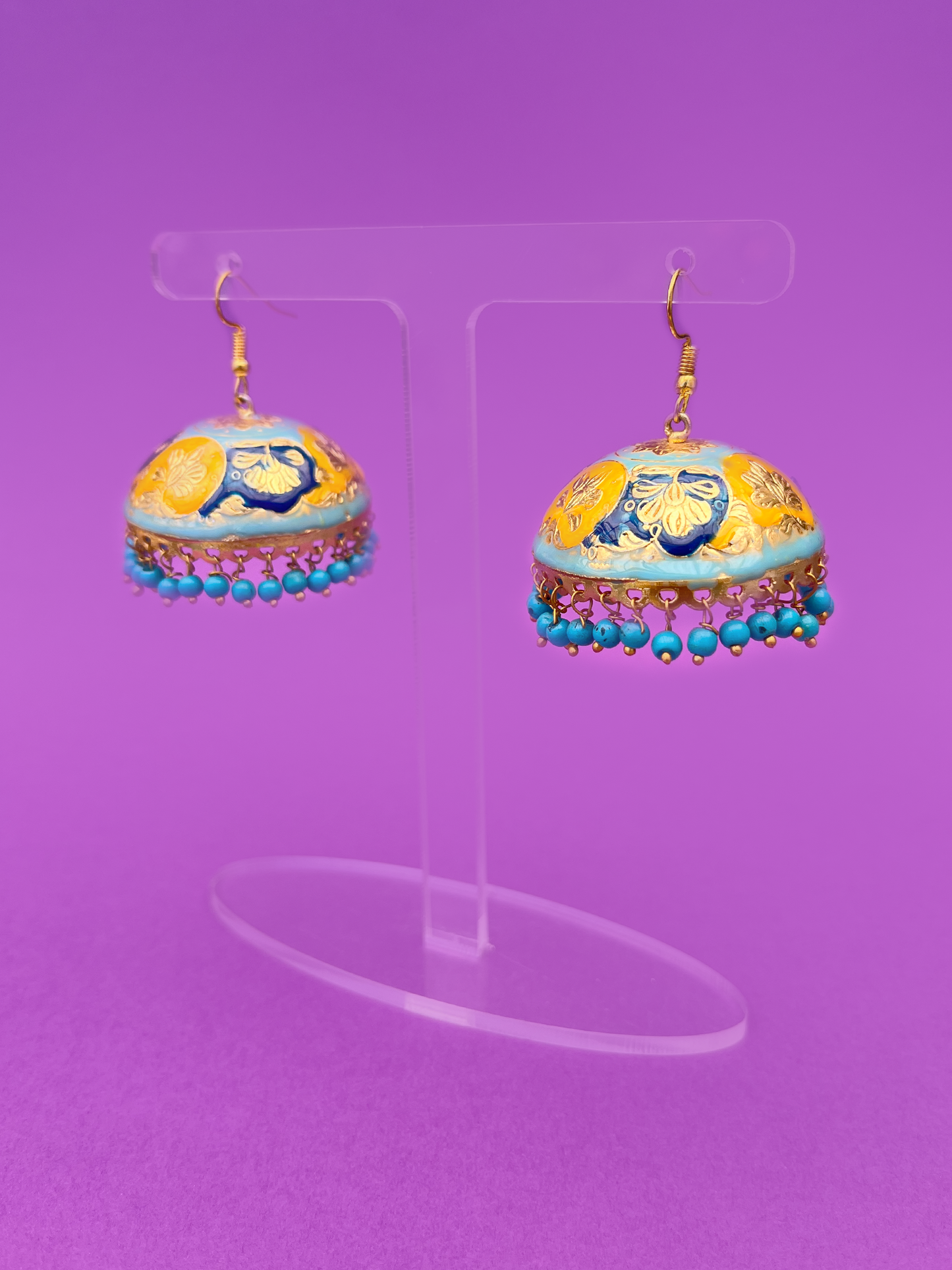 Blue and Yellow Painted Gold-Plated Meenakari Jhoomka with Blue Beads and Hook