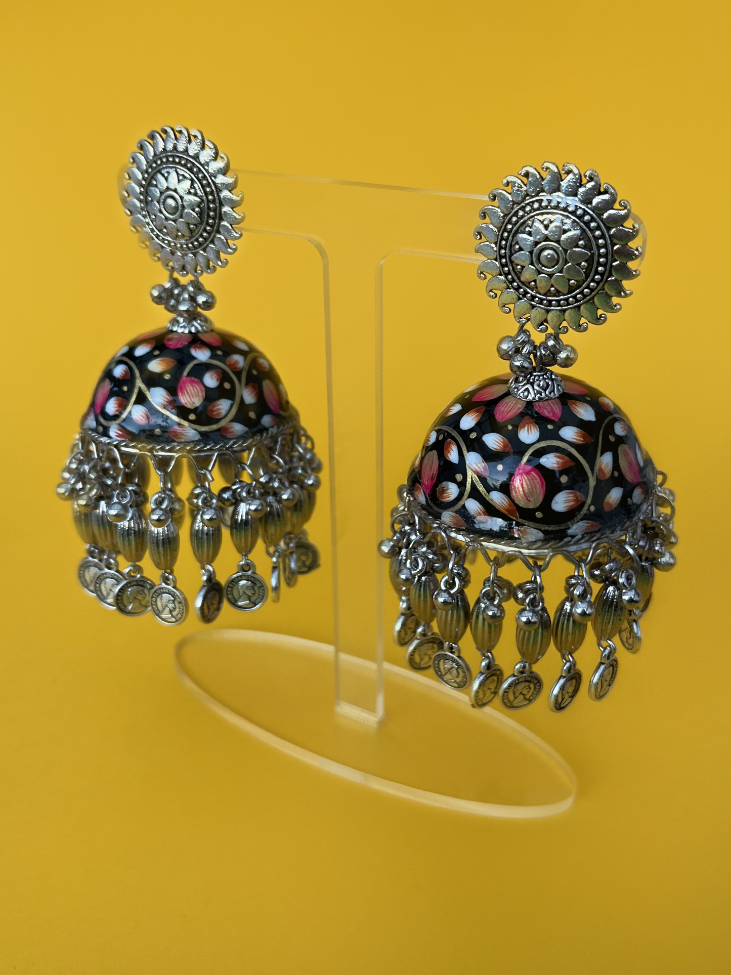 Black, Gold and White Hand-Painted Jhoomka with Dangling Pesos
