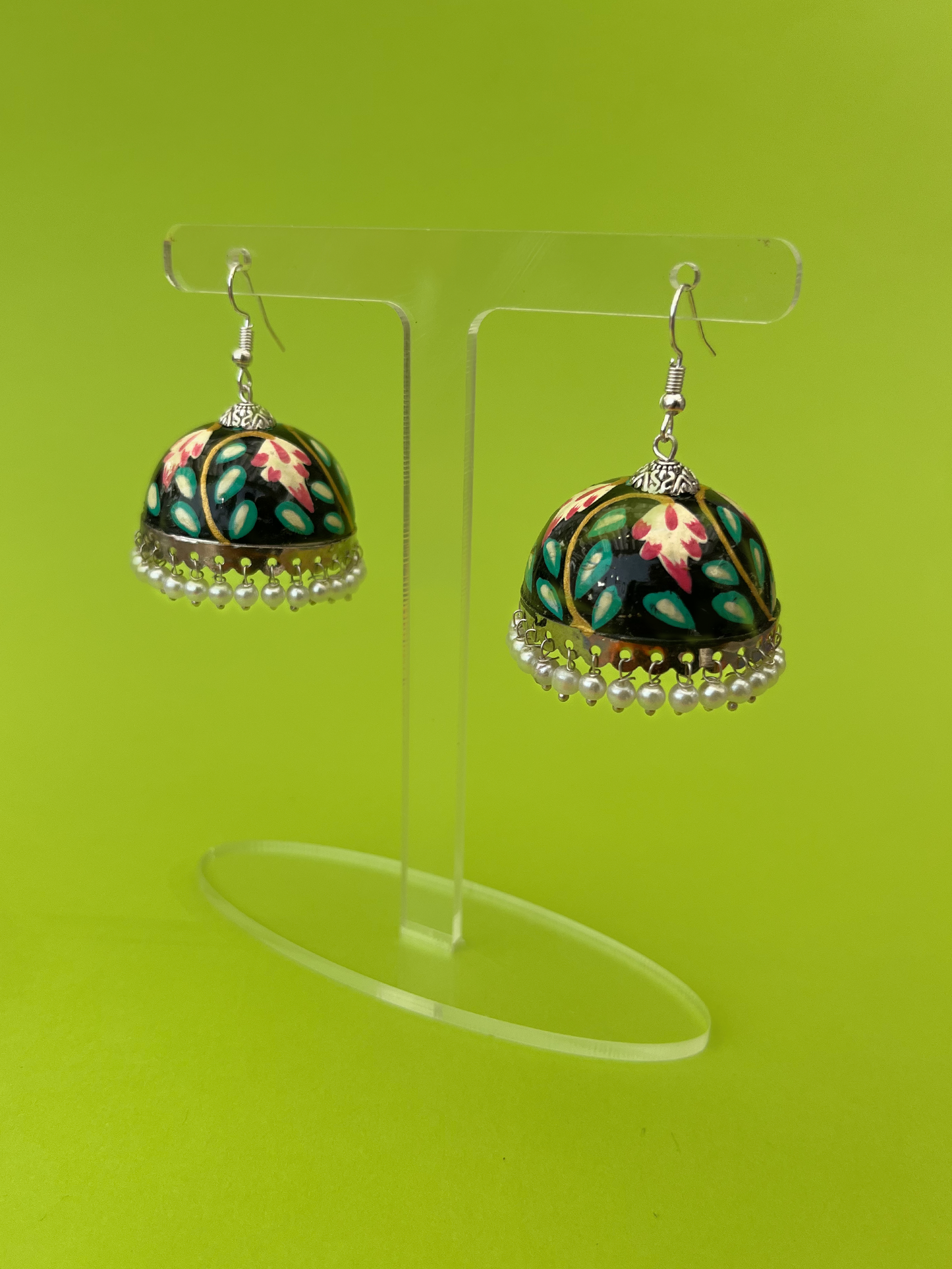 Black and Gold Hand-Painted Silver-Plated Jhoomka with Hook and Pearls