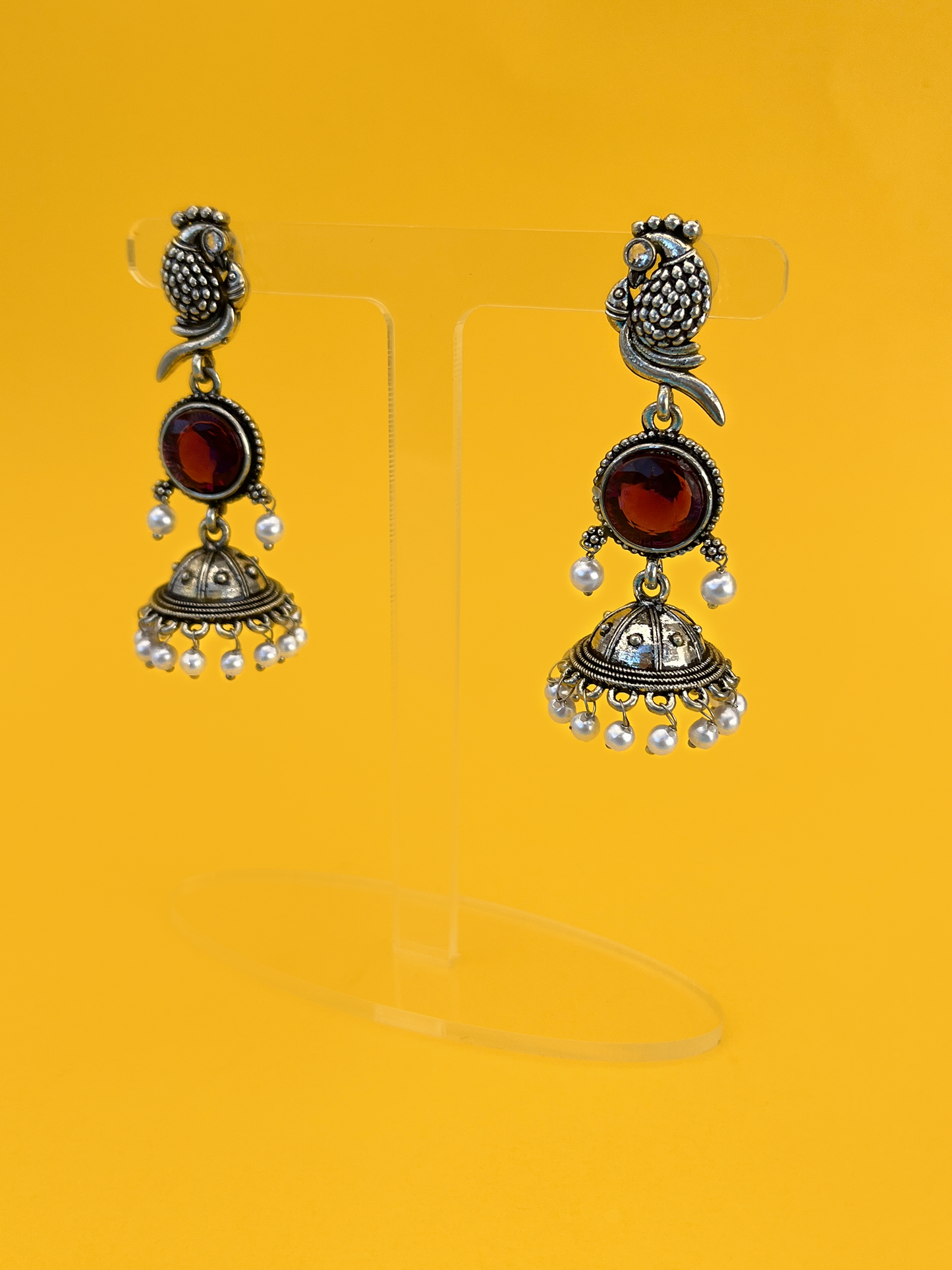 Silver-Plated Oxidised Peacock-Style Jhoomka with Purple Stone