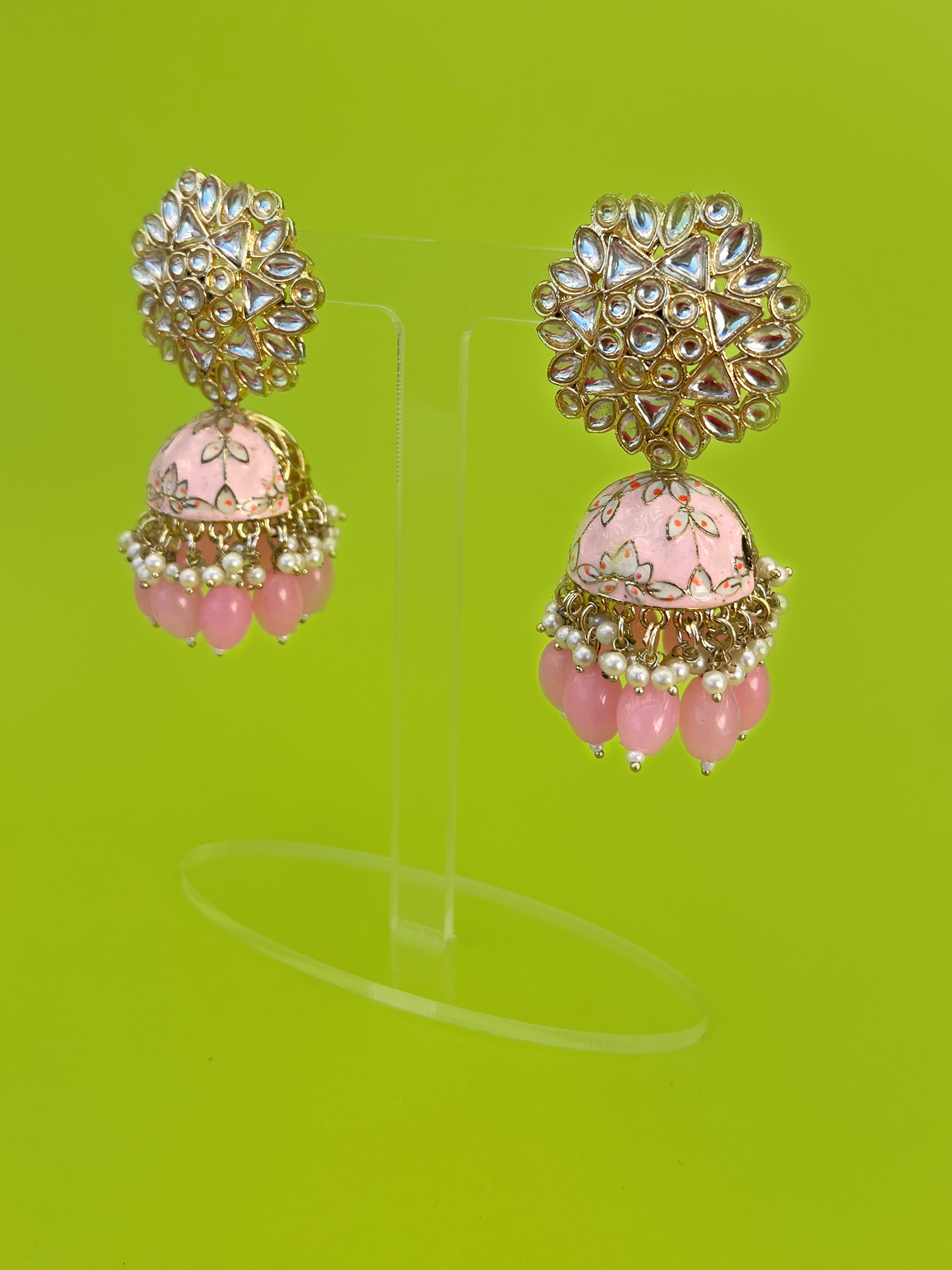Baby Pink Hand-Painted Gold-Plated Kundan Jhoomka