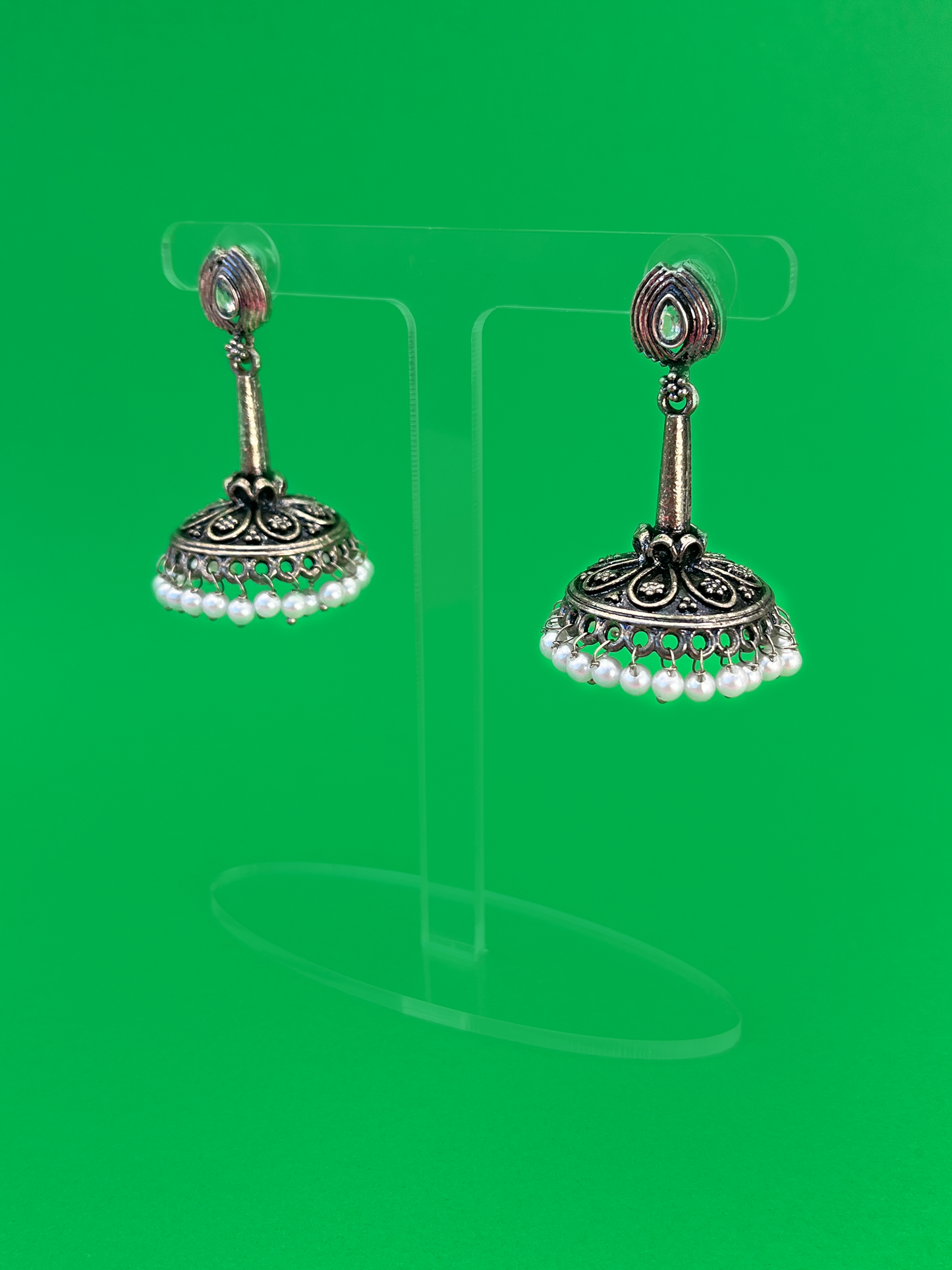 Silver-Plated Oxidised Long Jhoomka with Clear Stone