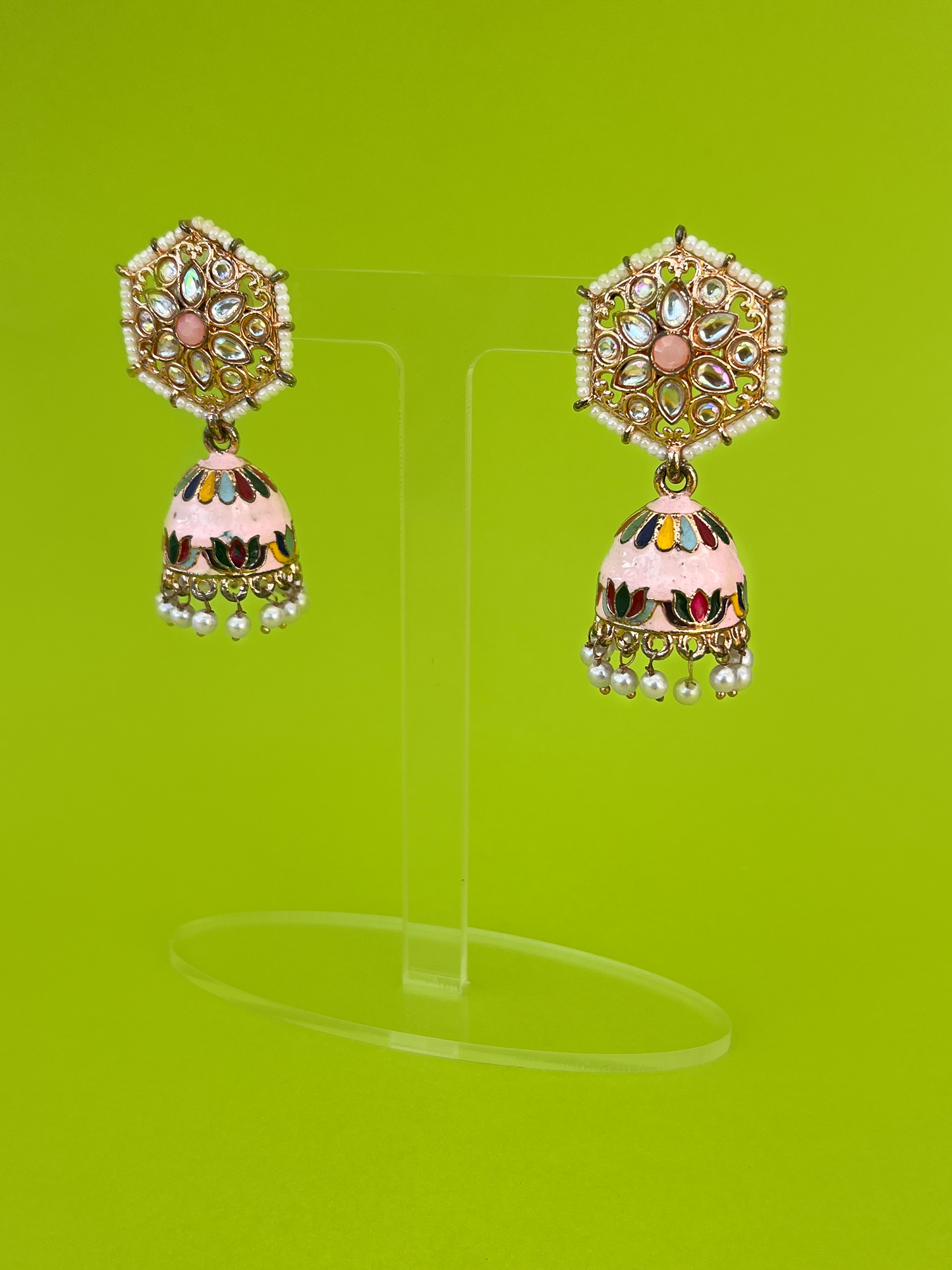 Pink Hand-Painted Gold-Plated Kundan Jhoomka