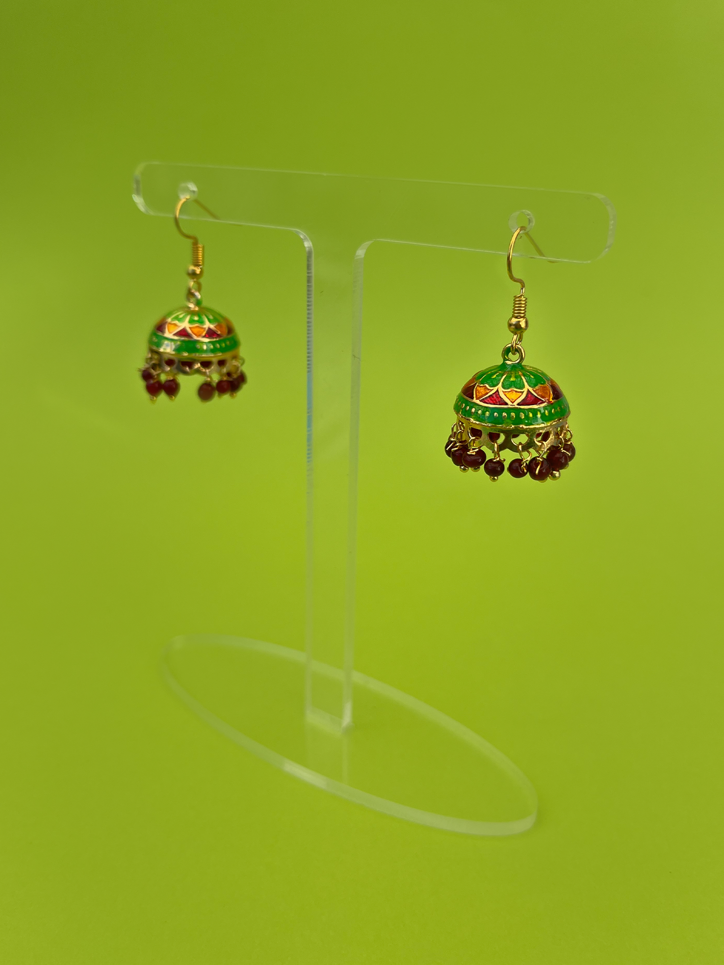 Mini Green and Yellow Gold-Plated Jhoomka with Red Beads