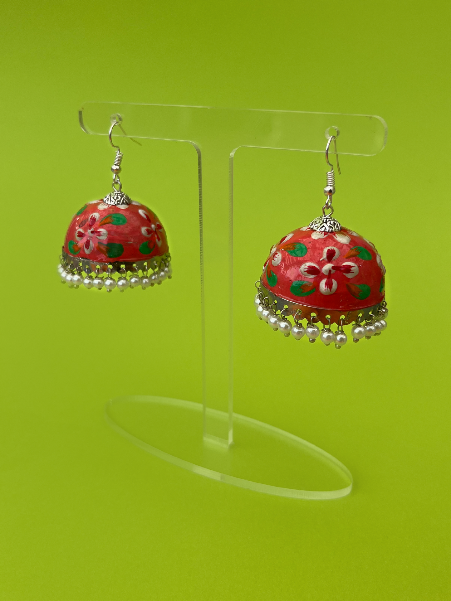 Coral Orange Hand-Painted Silver-Plated Jhoomka with Hook and Pearls