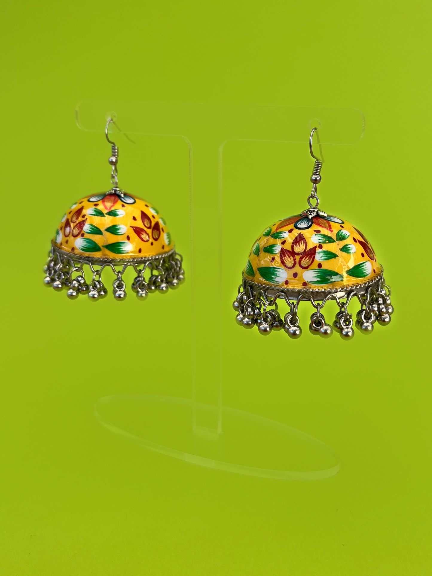 Yellow Hand-Painted Silver-Plated Meenakari Jhoomka