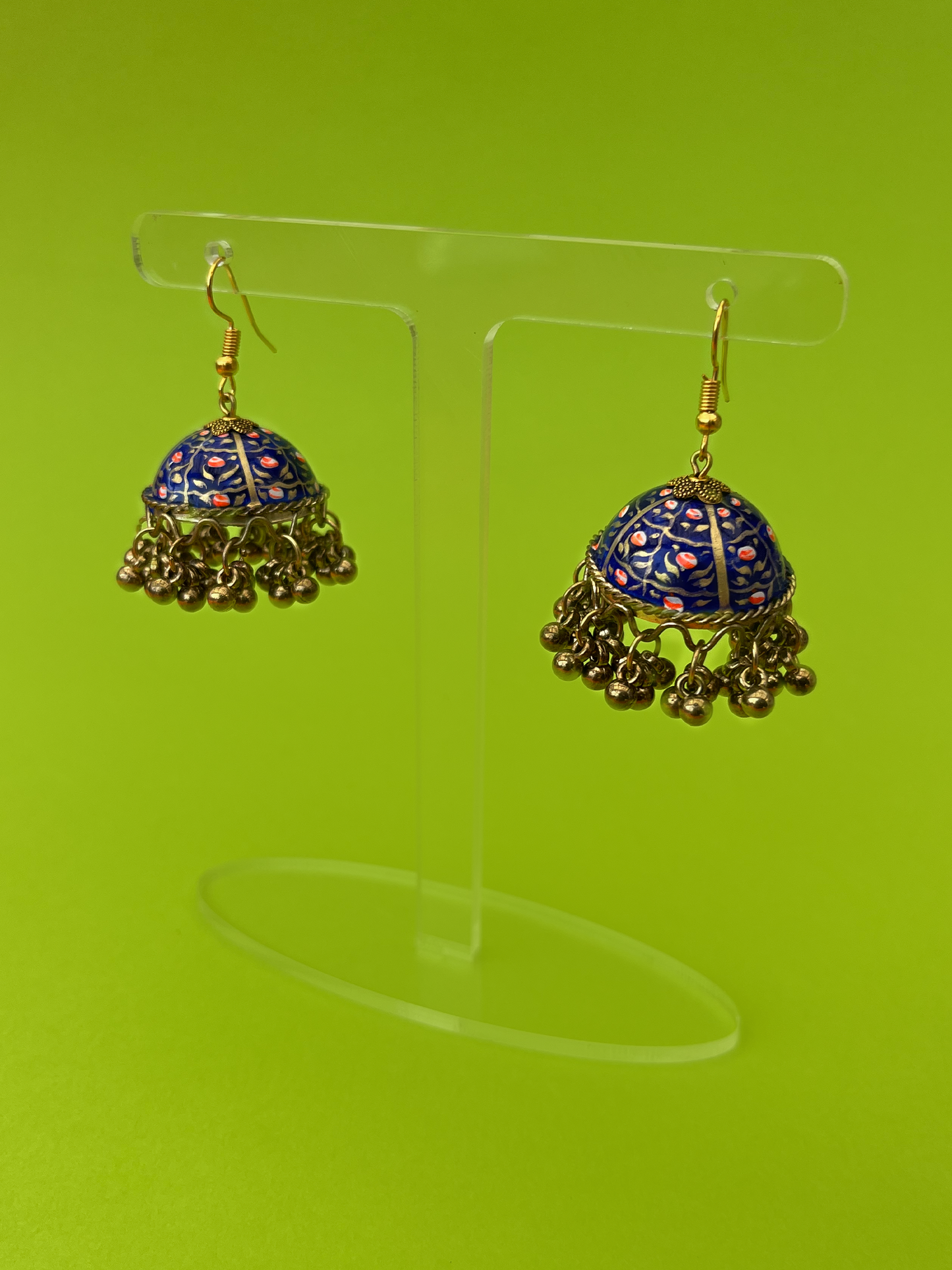 Admiral Blue and Gold Hand-Painted Gold-Plated Jhoomka with Hook