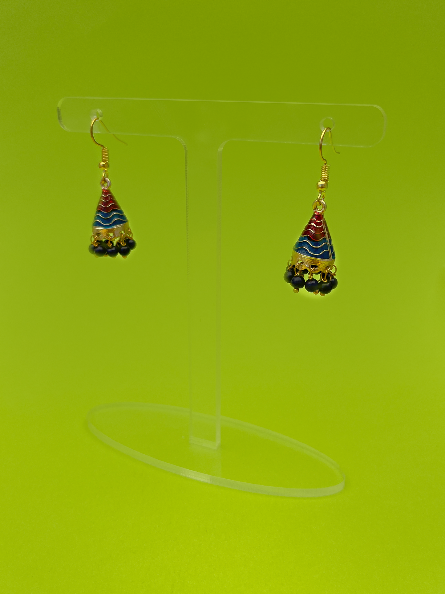 Blue and Red Cone-Shaped Gold-Plated Mini Jhoomka with Hook
