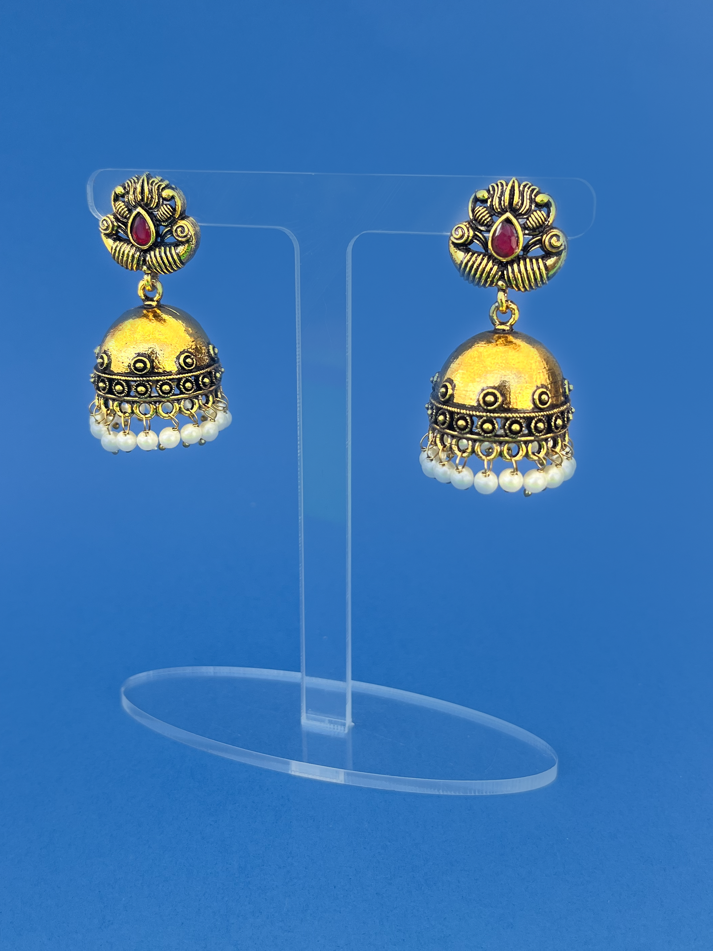 Gold-Plated Meenakari Jhoomka with Red Stone
