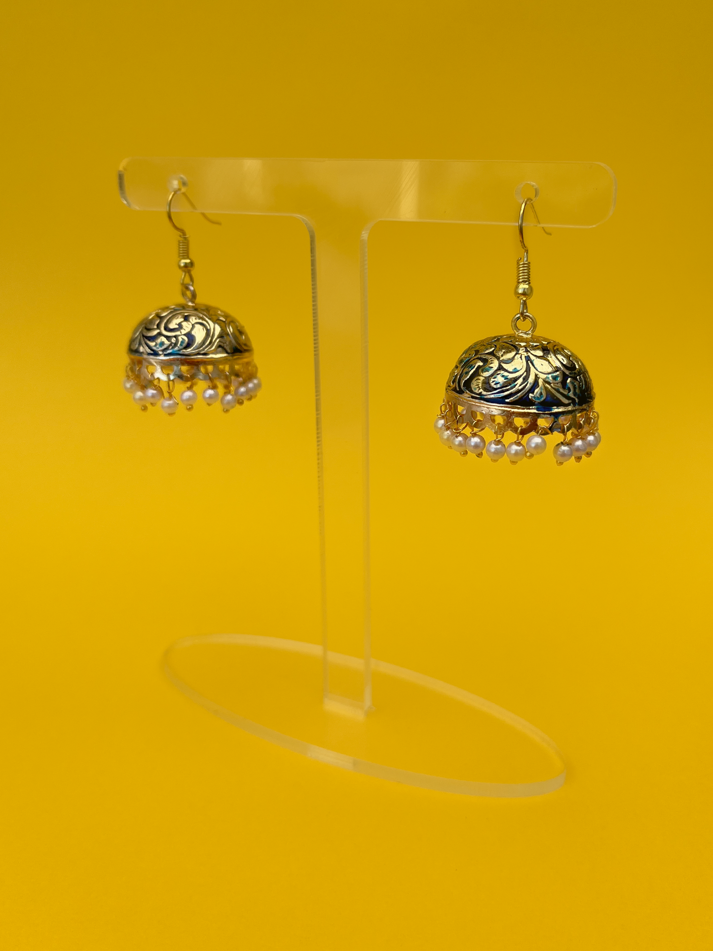 Blue-Painted Gold-Plated Meenakari Jhoomka with White Beads and Hook