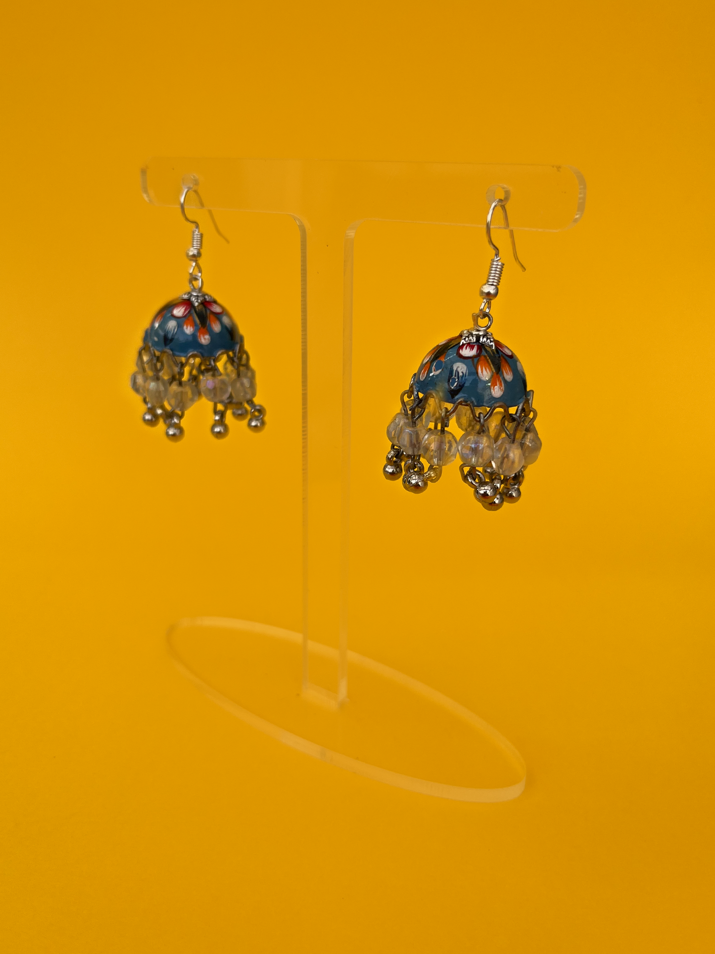 Mini Cobalt Blue and Orange Hand-Painted Silver-Plated Jhoomka with Hook (Clear Beads)
