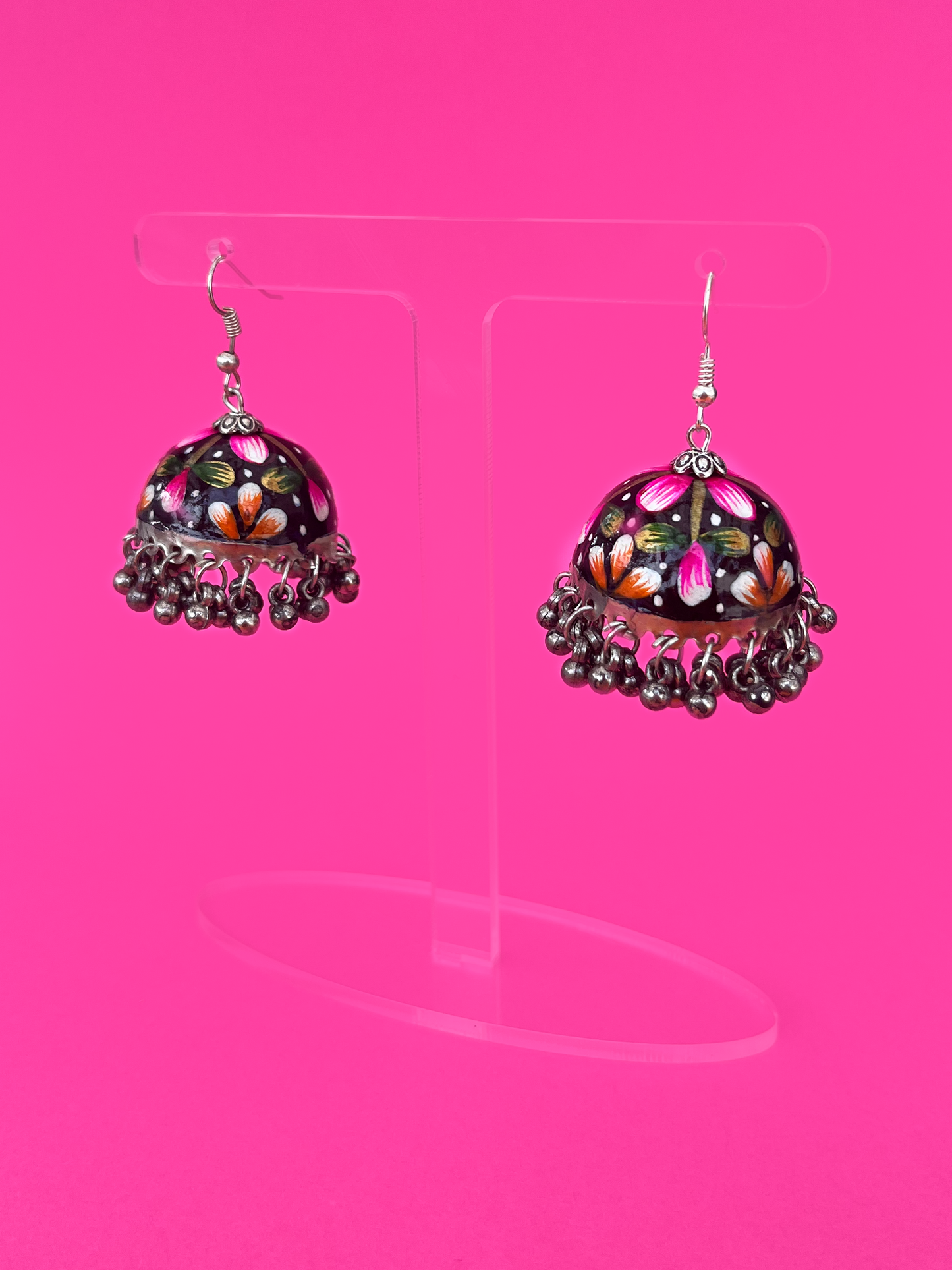 Black Hand-Painted Silver-Plated Meenakari Jhoomka