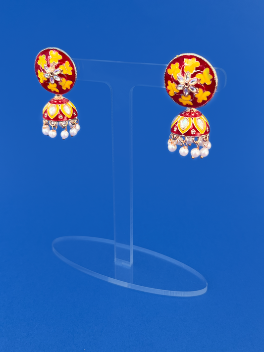 Red Hand-Painted Gold-Plated Meenakari Jhoomka