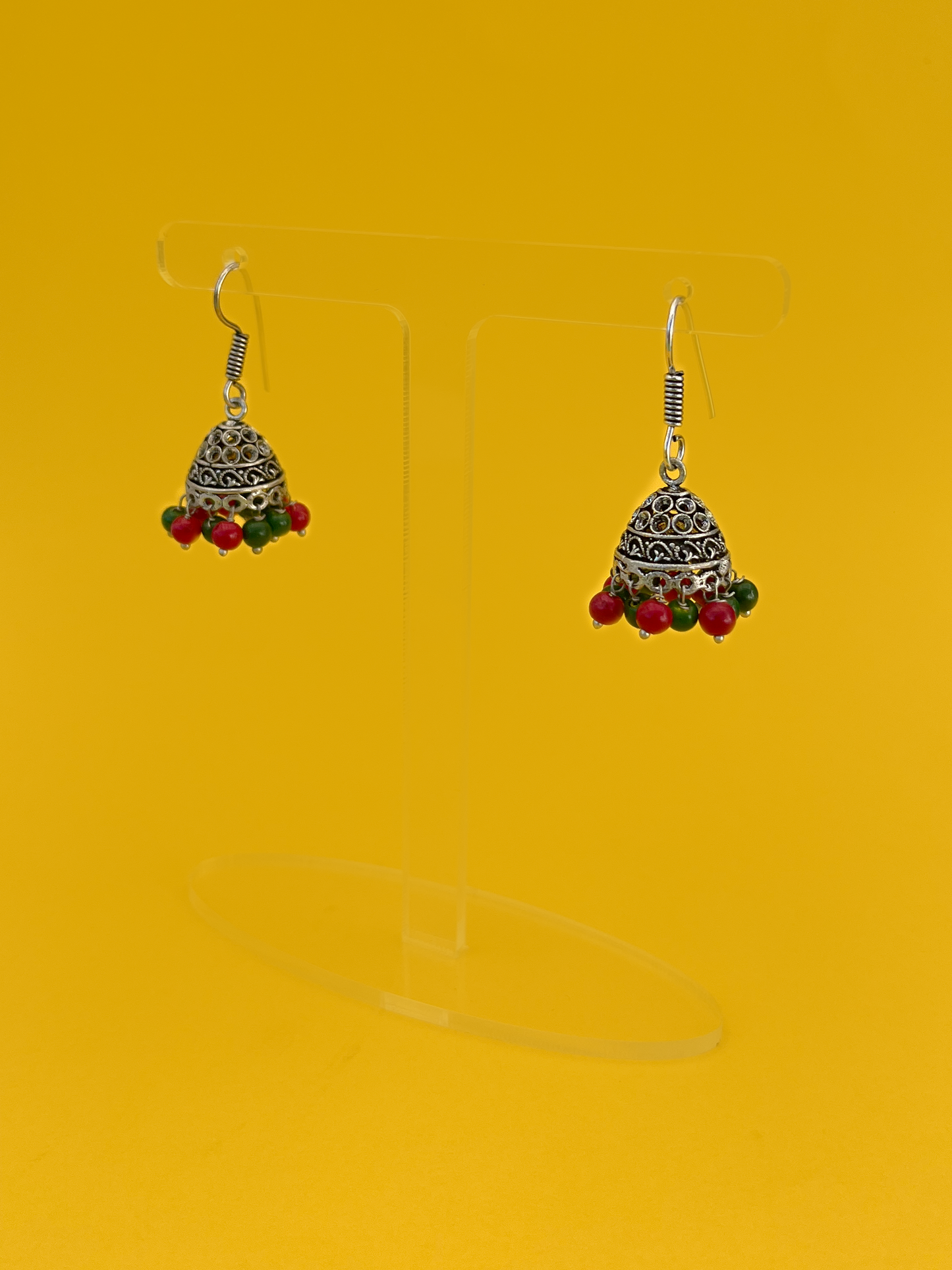 Mini Oxidised Silver-Plated Jhoomka with Red and Green Beads and Hook