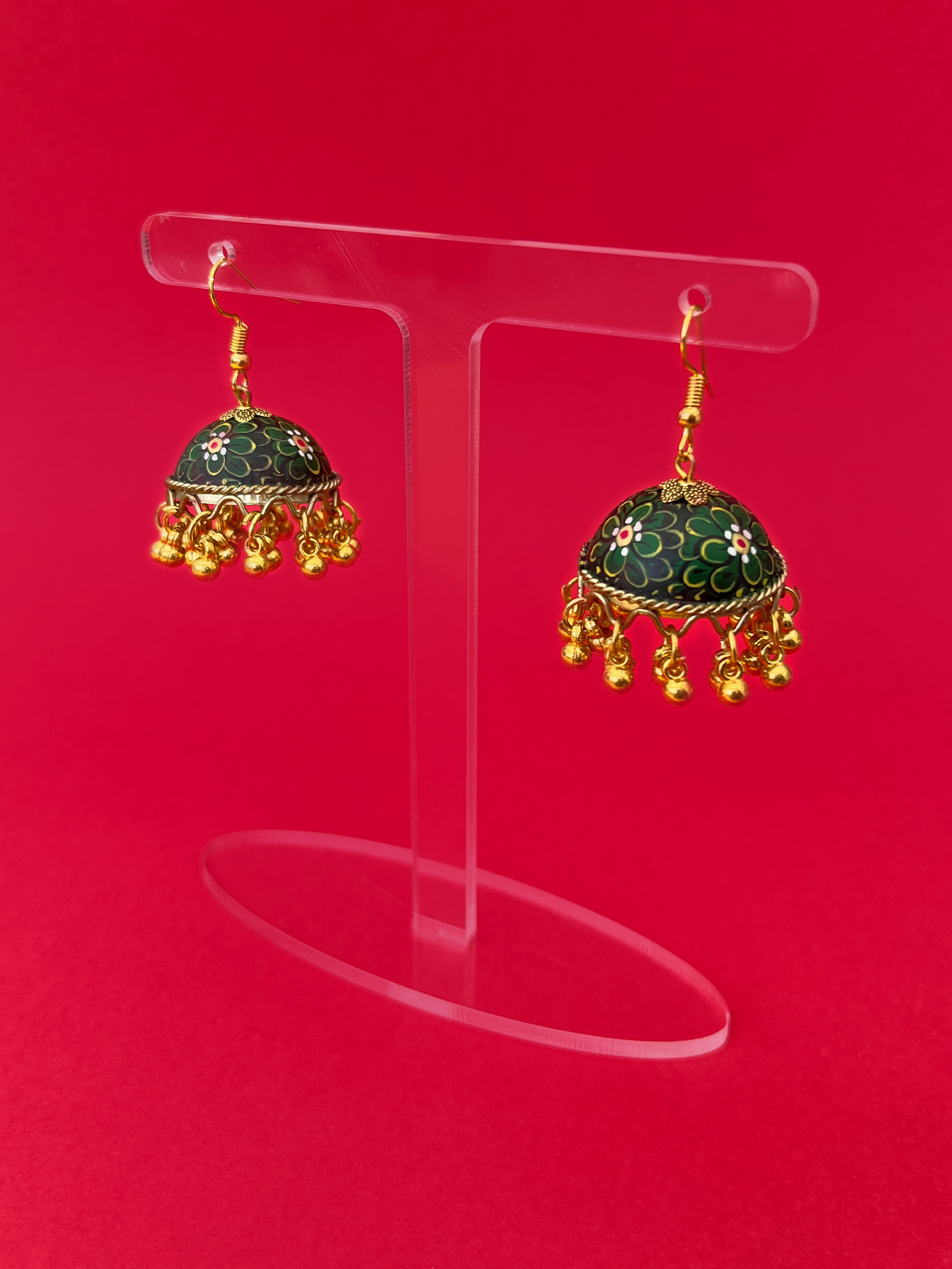 Black and Green Hand-Painted Gold-Plated Jhoomka with Hook