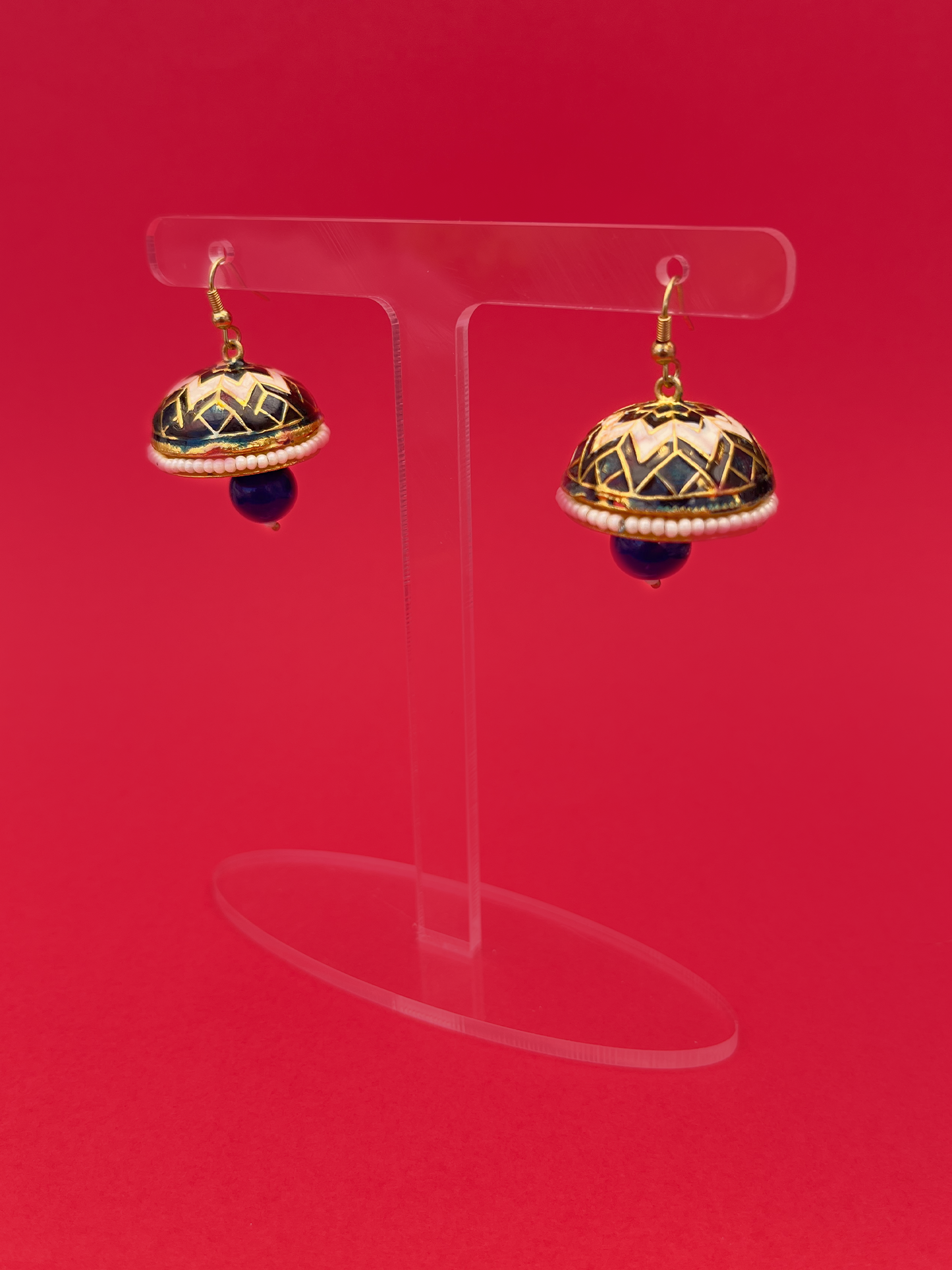 Dark Blue and White Meenakari Jhoomka with Blue Stone and Hook