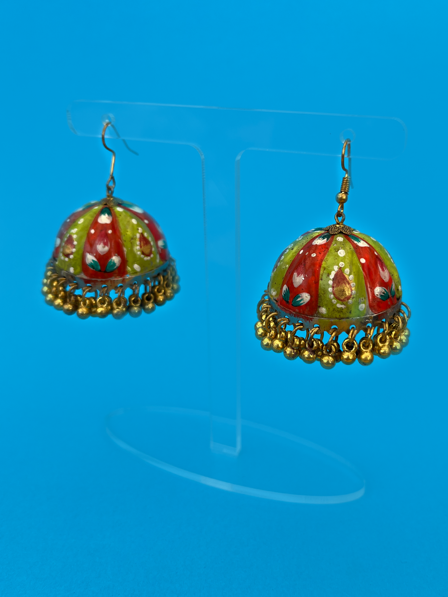 Lime Green and Orange Hand-Painted Gold-Plated Jhoomka
