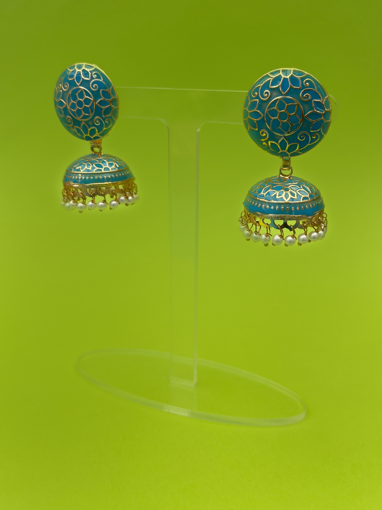 Sky Blue Meenakari Jhoomka with Floral Design