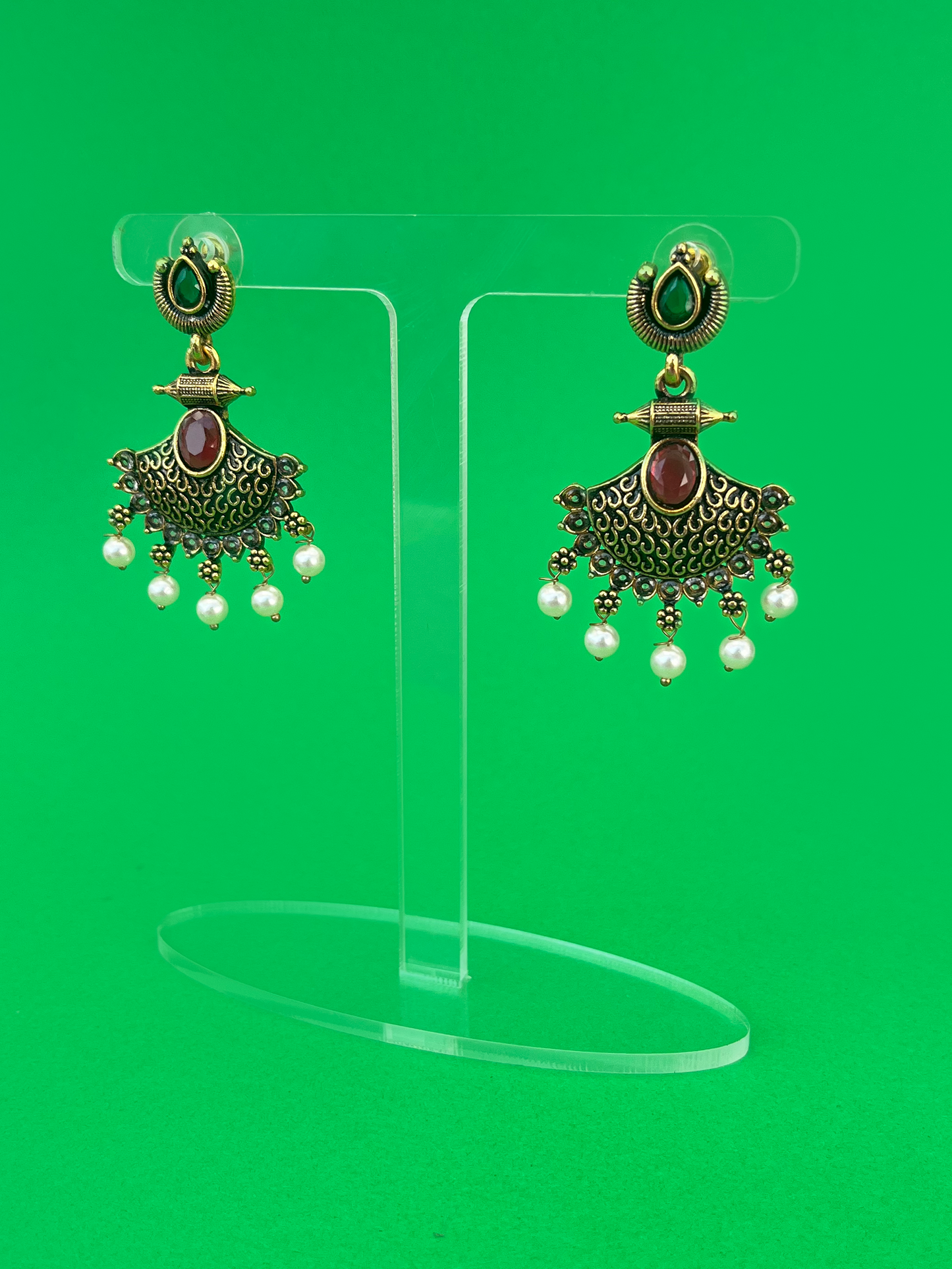 Gold-Plated Dangling Earring with Red Stones