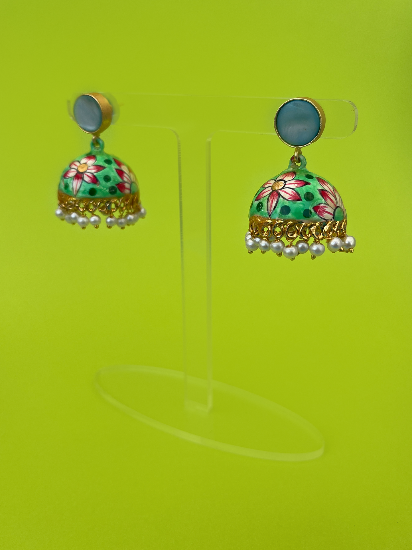 Light Green Lily-Design Hand-Painted Gold-Plated Jhoomka