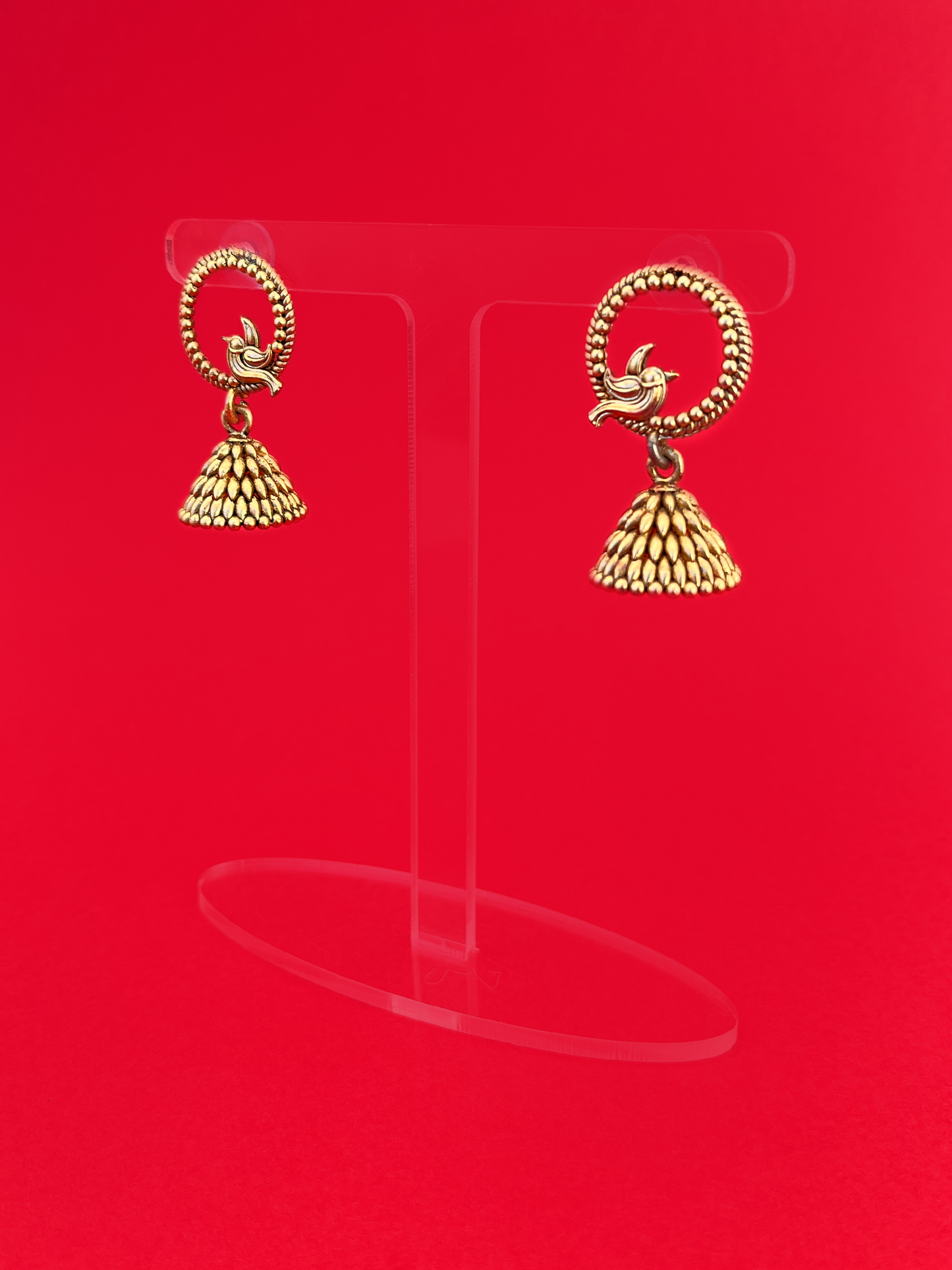 Gold-Plated Hanging Jhoomka with Bird Design