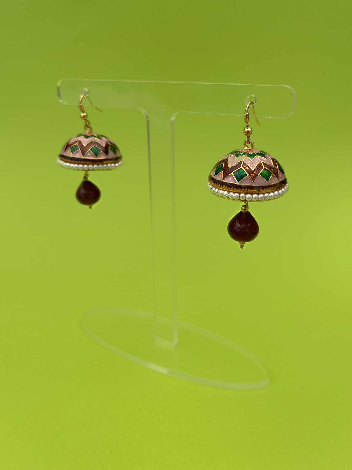 Salmon Pink, Maroon and Green Meenakari Jhoomka with Garnet Red Stone and Hook