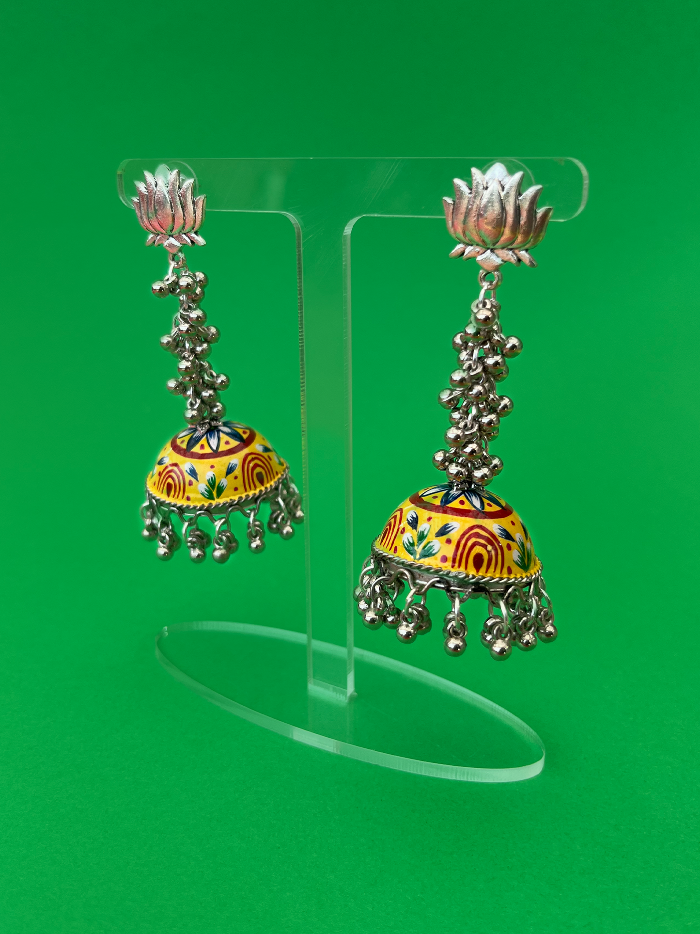 Yellow and Blue Hand-Painted Silver-Plated Meenakari Jhoomka with Flat Post