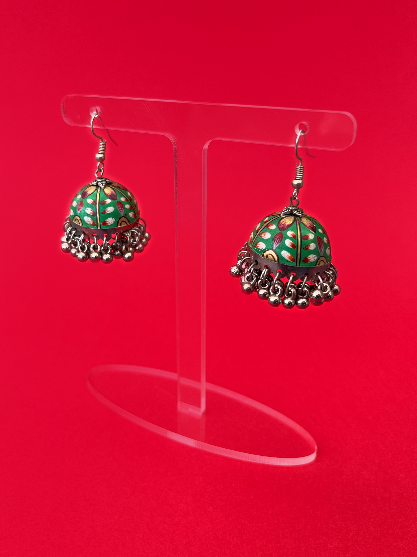 Green and White Hand-Painted Silver-Plated Jhoomka with Hook