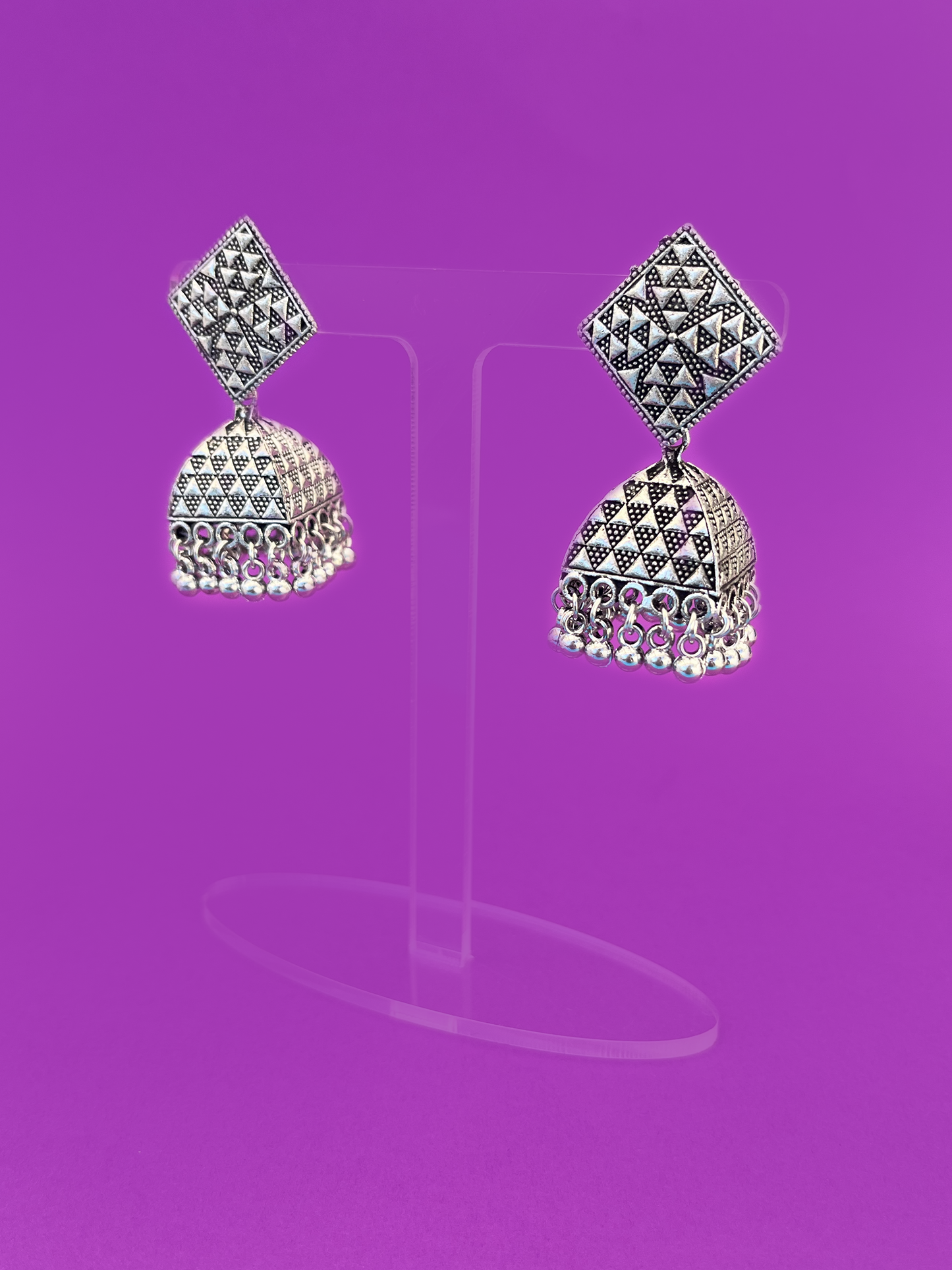 Silver-Plated Oxidised Square-Design Jhoomka