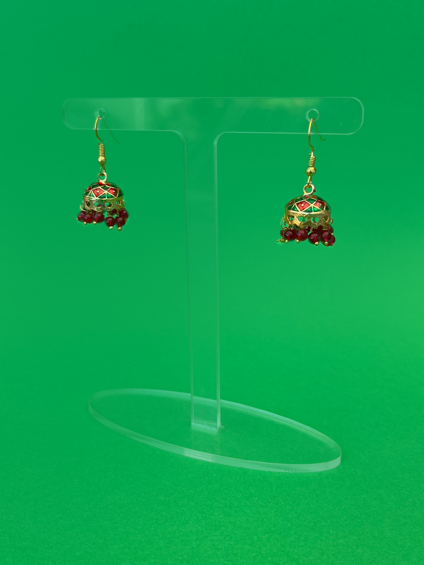 Mini Green and Red-Painted Gold-Plated Jhoomka with Red Beads and Hook