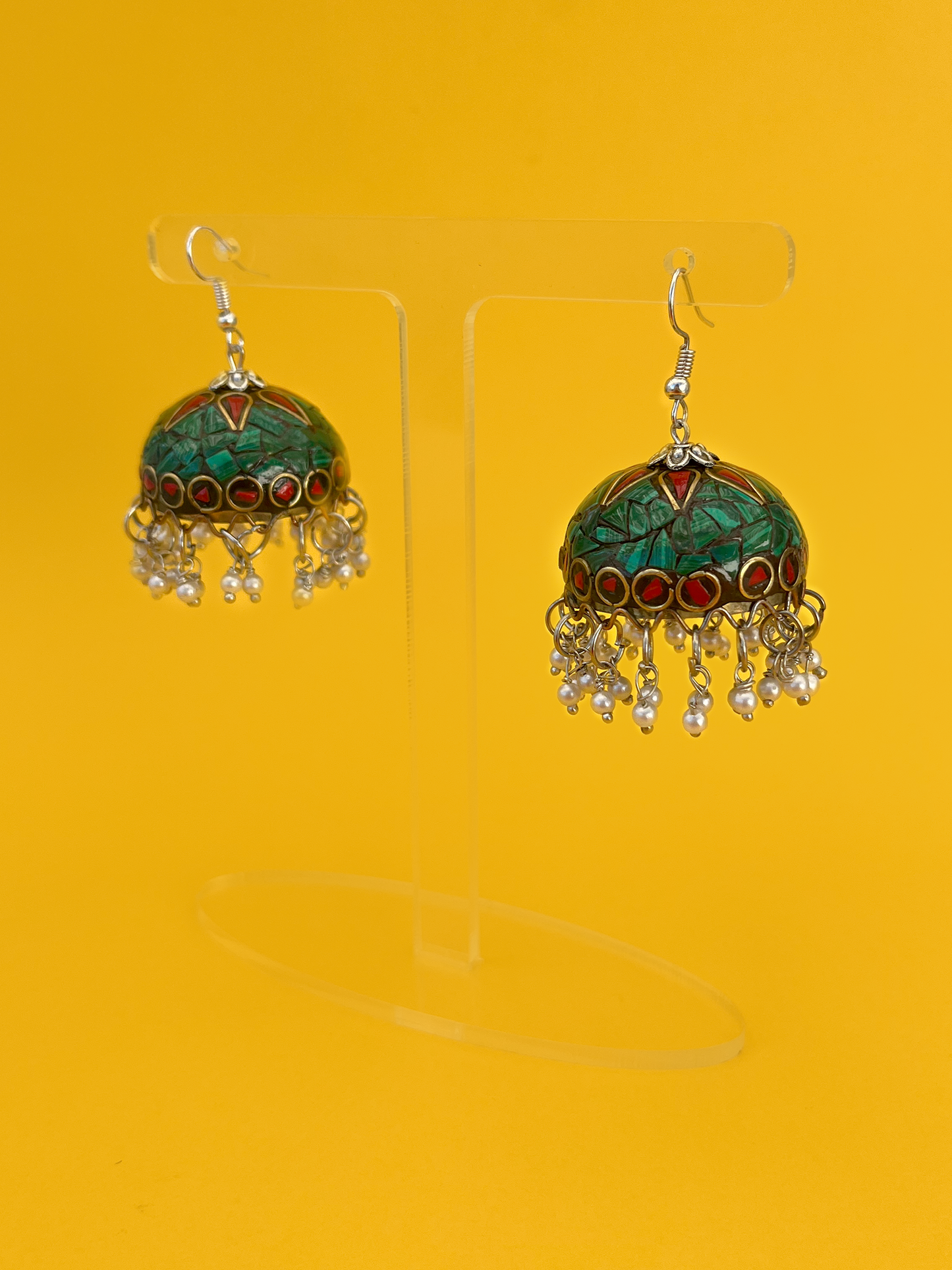 Teal Stone Silver-Plated Meenakari Jhoomka with Artificial Pearls