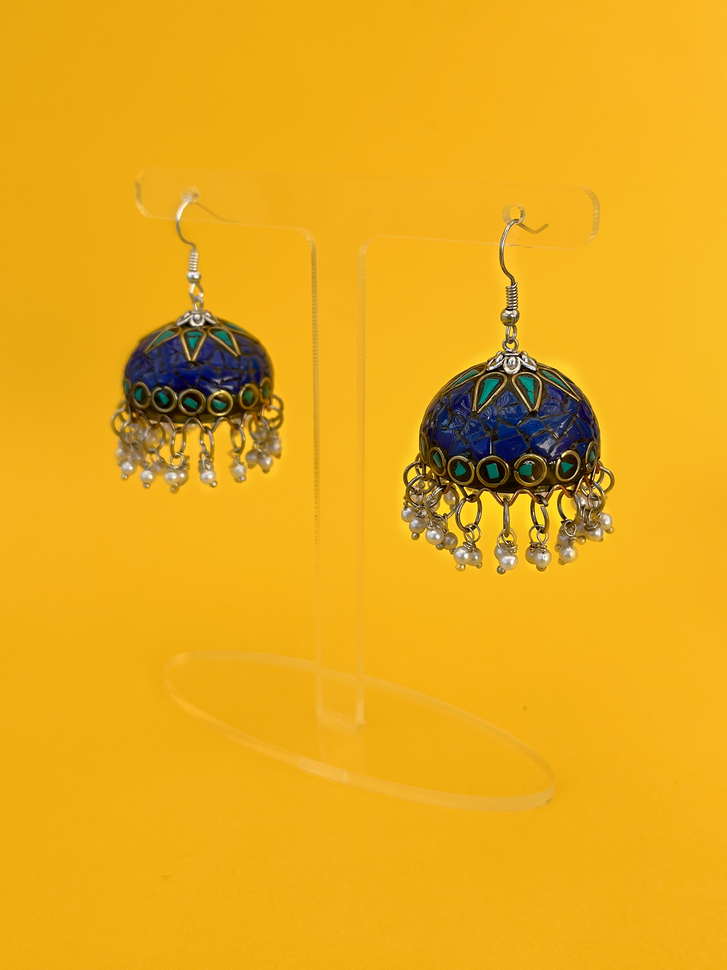 Silver-Plated Coral Blue Stone Meenakari Jhoomka with Artificial Pearls