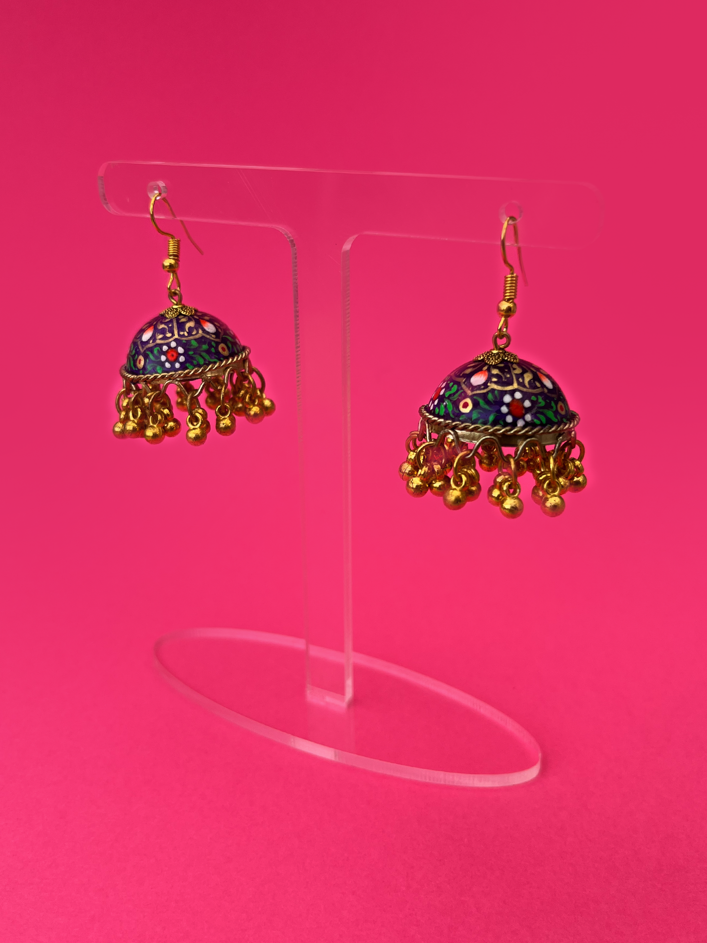 Purple and Gold Hand-Painted Gold-Plated Jhoomka with Hook