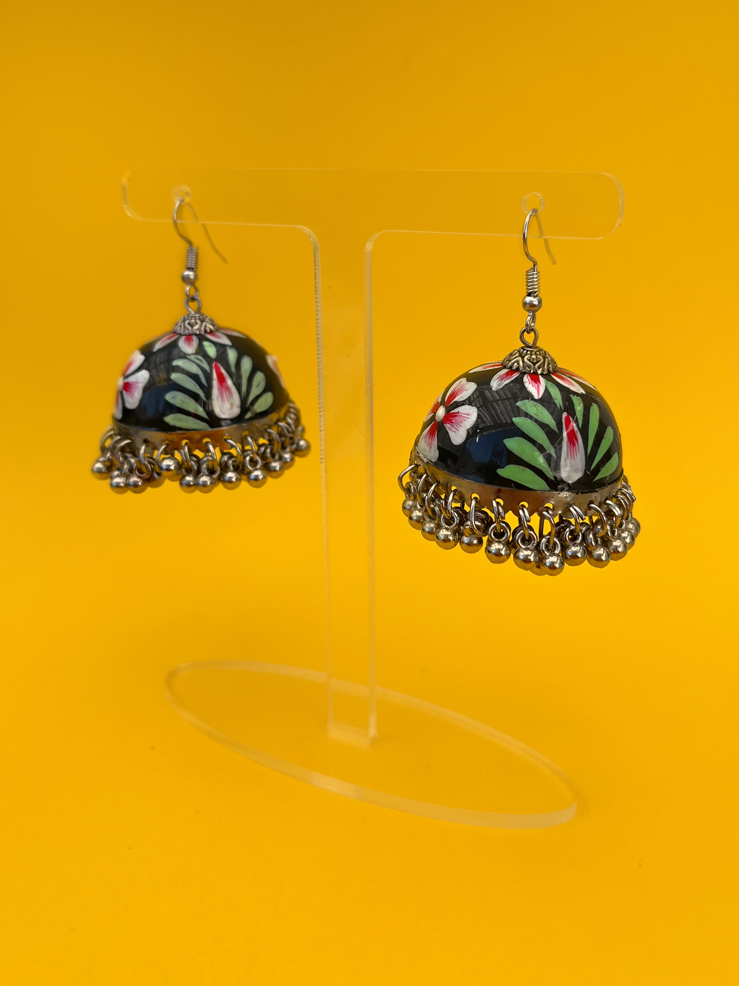 Dark Grey and White Hand-Painted Silver-Plated Jhoomka