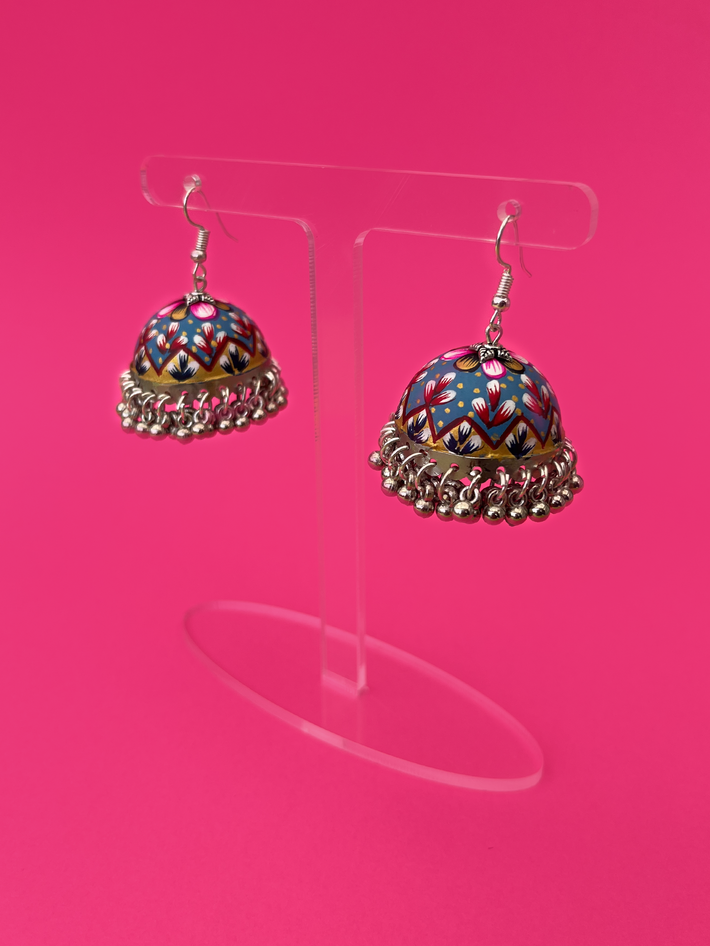 Blue and Multi-Coloured Hand-Painted Silver-Plated Jhoomka with Hook