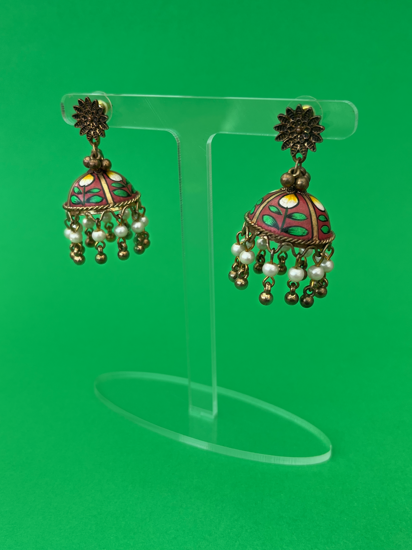 Rosewood Pink and Green Hand-Painted Gold-Plated Jhoomka with Flat Post