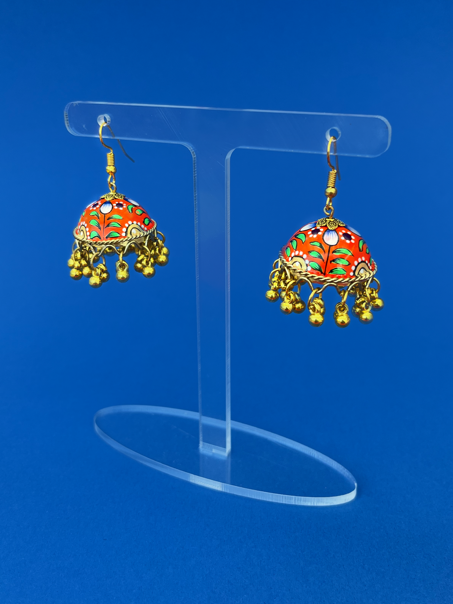 Orange and Green Hand-Painted Gold-Plated Jhoomka with Hook