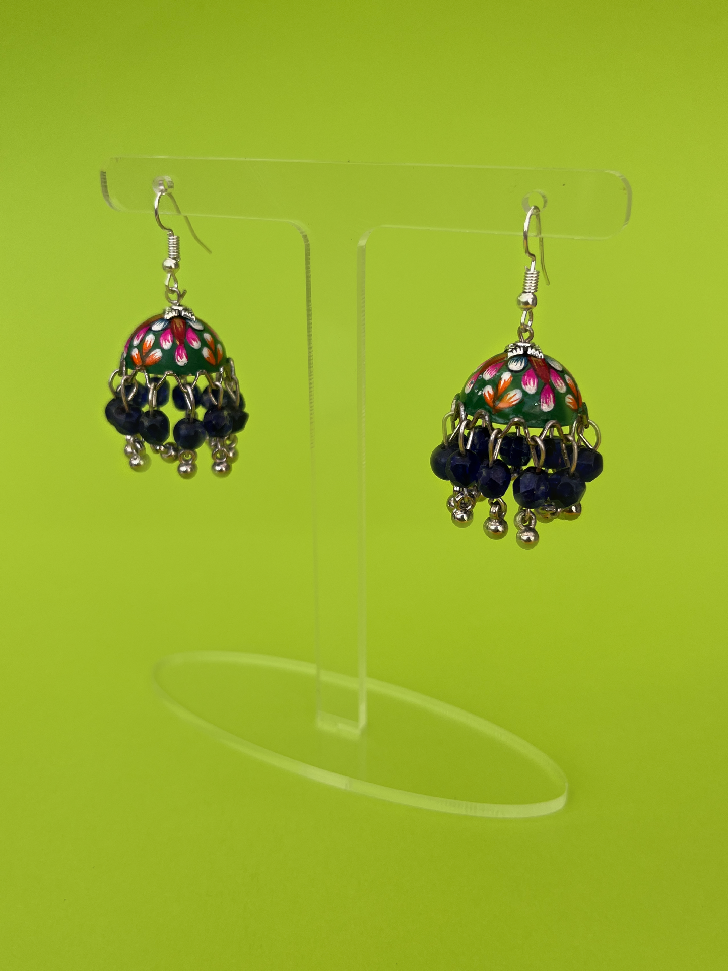 Mini Green and Orange Hand-Painted Silver-Plated Jhoomka with Hook (Blue Beads)