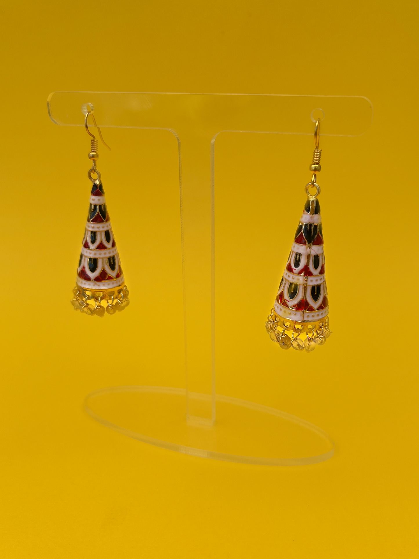 White, Red and Black Cone-Shaped Meenakari Jhoomka with Hook