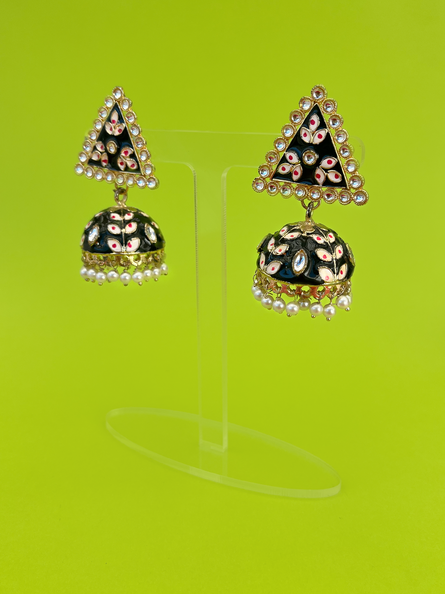 Black and White Hand-Painted Gold-Plated Meenakari Jhoomka
